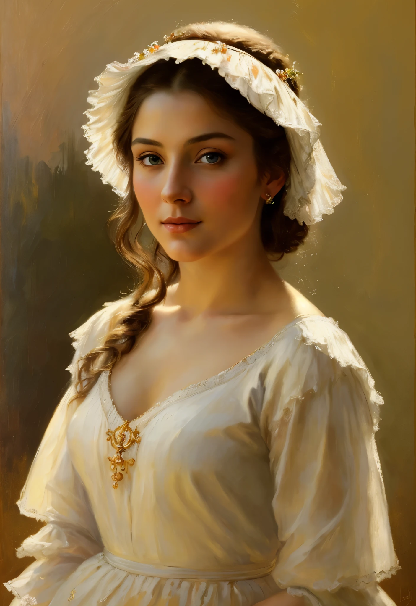 Masterpiece, Best quality, Ethereal beauty, portrait, girl, 35 years old Woman, middle ages, classicism, andrey atroshenko style, painting, traditional media, realistic, figurative, fine art, oil on canvas, HDR, 8K, original character, high resolution, high detail, focus on the face