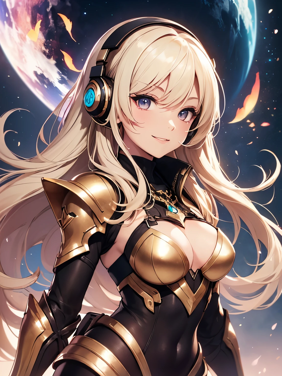 最high quality、best image quality、masterpiece、with a girl((18-year-old、Cosmic Metallic Armor、vest bust、bust 90、blonde、semi-long、shining eyes、open your  wide、valley、happiness、Luminous Chain Accessories、put on headphones、Cosmic Accessories、lighter weight、best smile、Laser from both hands）high quality、visual art、With background(space、performer々、cosmo step piece、Best graphics、super delicate