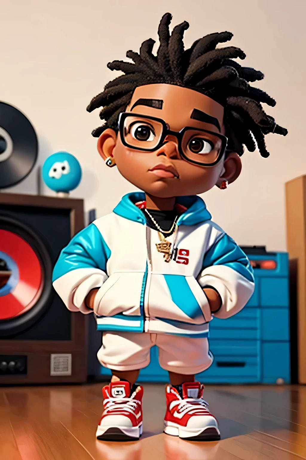 Le rappeur américain Gunna en jouet en vinyle, symétrie parfaite, perspective absolue de la caméra avant