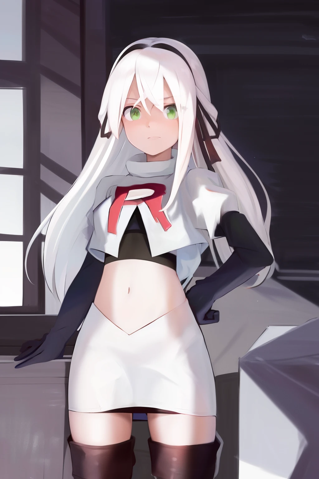 masterpiece, best quality, highres, 1girl avilia white hair green eyes, team rocket,team rocket uniform, red letter R, white skirt,white crop top,black thigh-highs,black elbow gloves