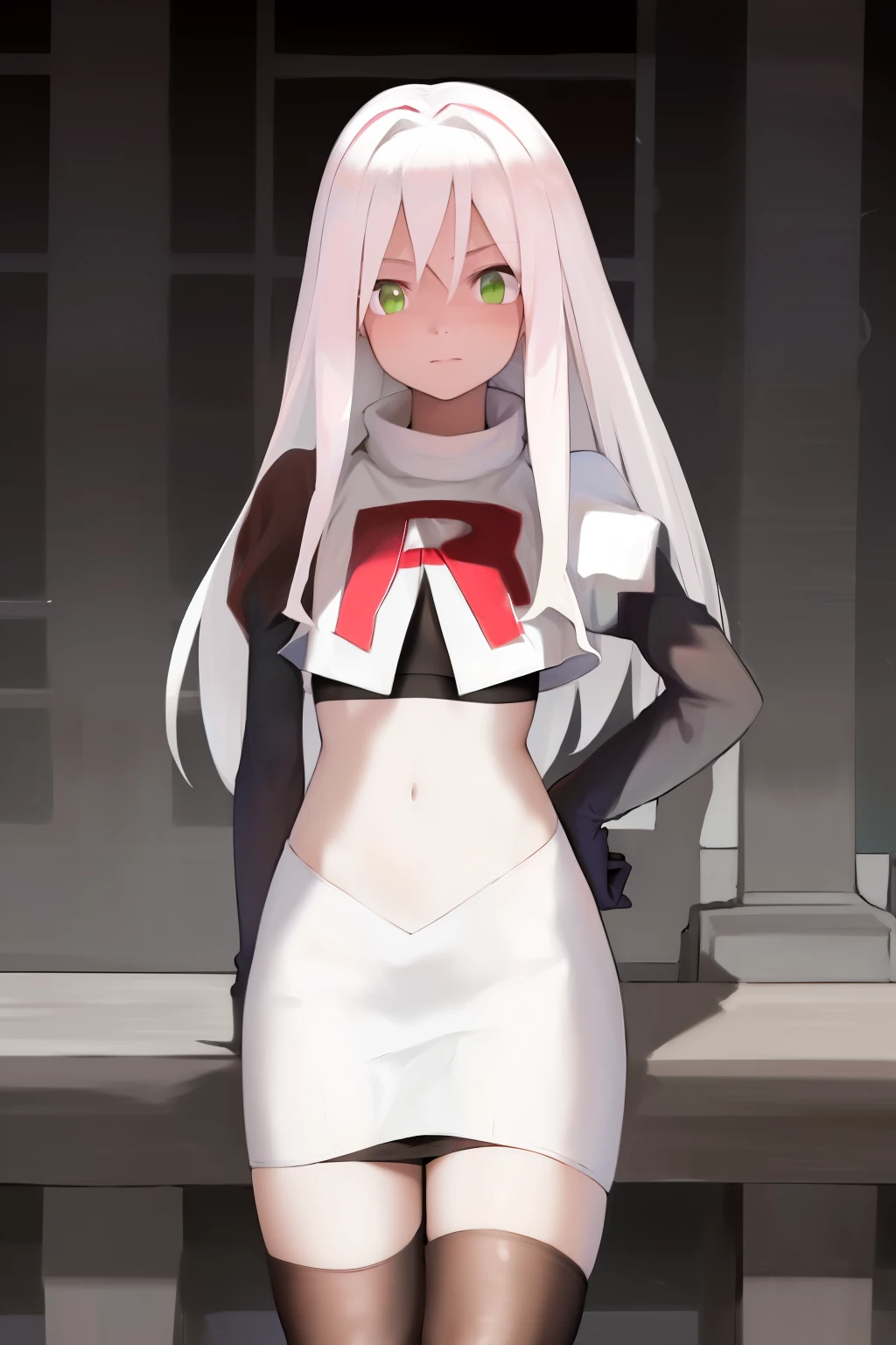 masterpiece, best quality, highres, 1girl avilia white hair green eyes, team rocket,team rocket uniform, red letter R, white skirt,white crop top,black thigh-highs,black elbow gloves