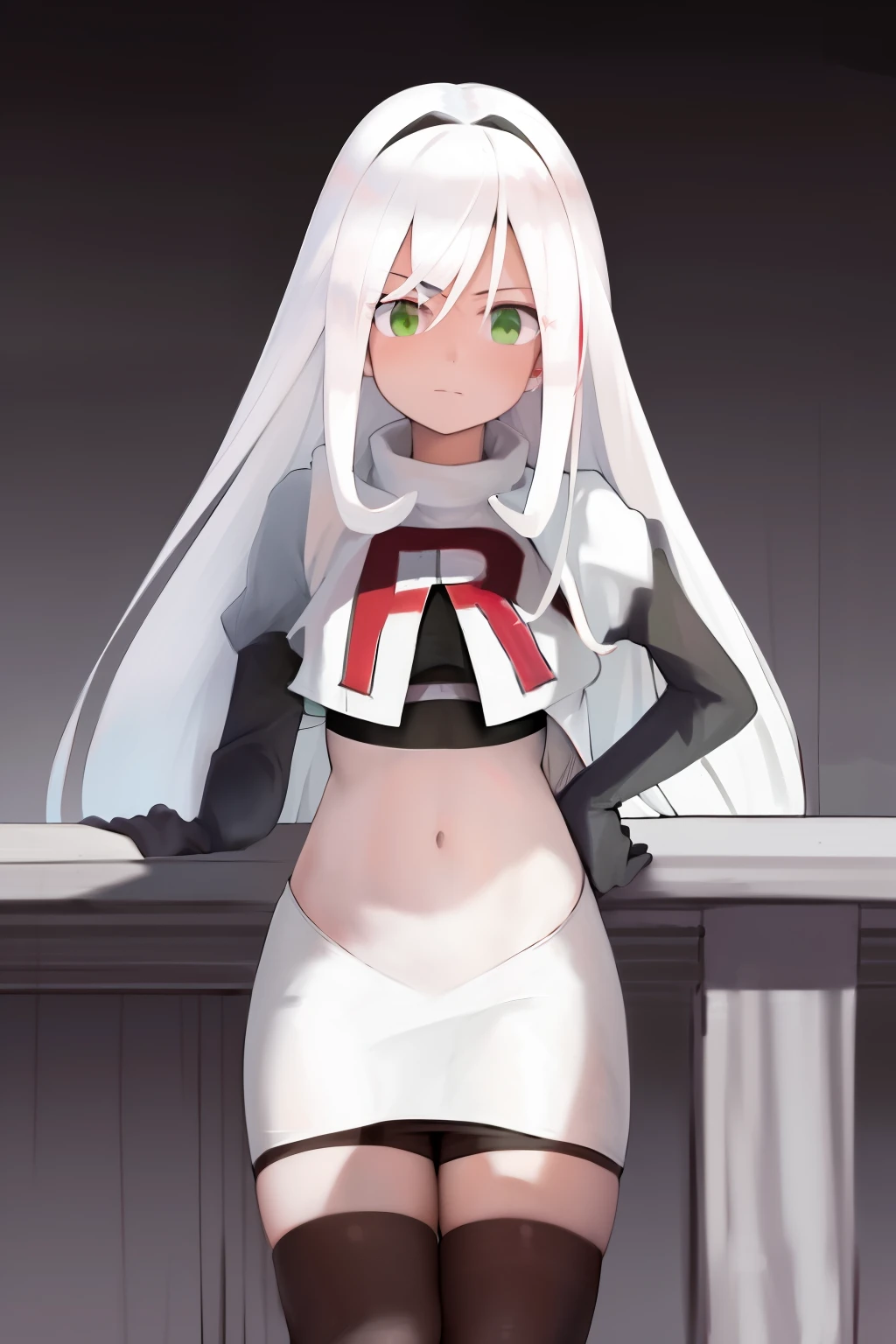 masterpiece, best quality, highres, 1girl avilia white hair green eyes, team rocket,team rocket uniform, red letter R, white skirt,white crop top,black thigh-highs,black elbow gloves