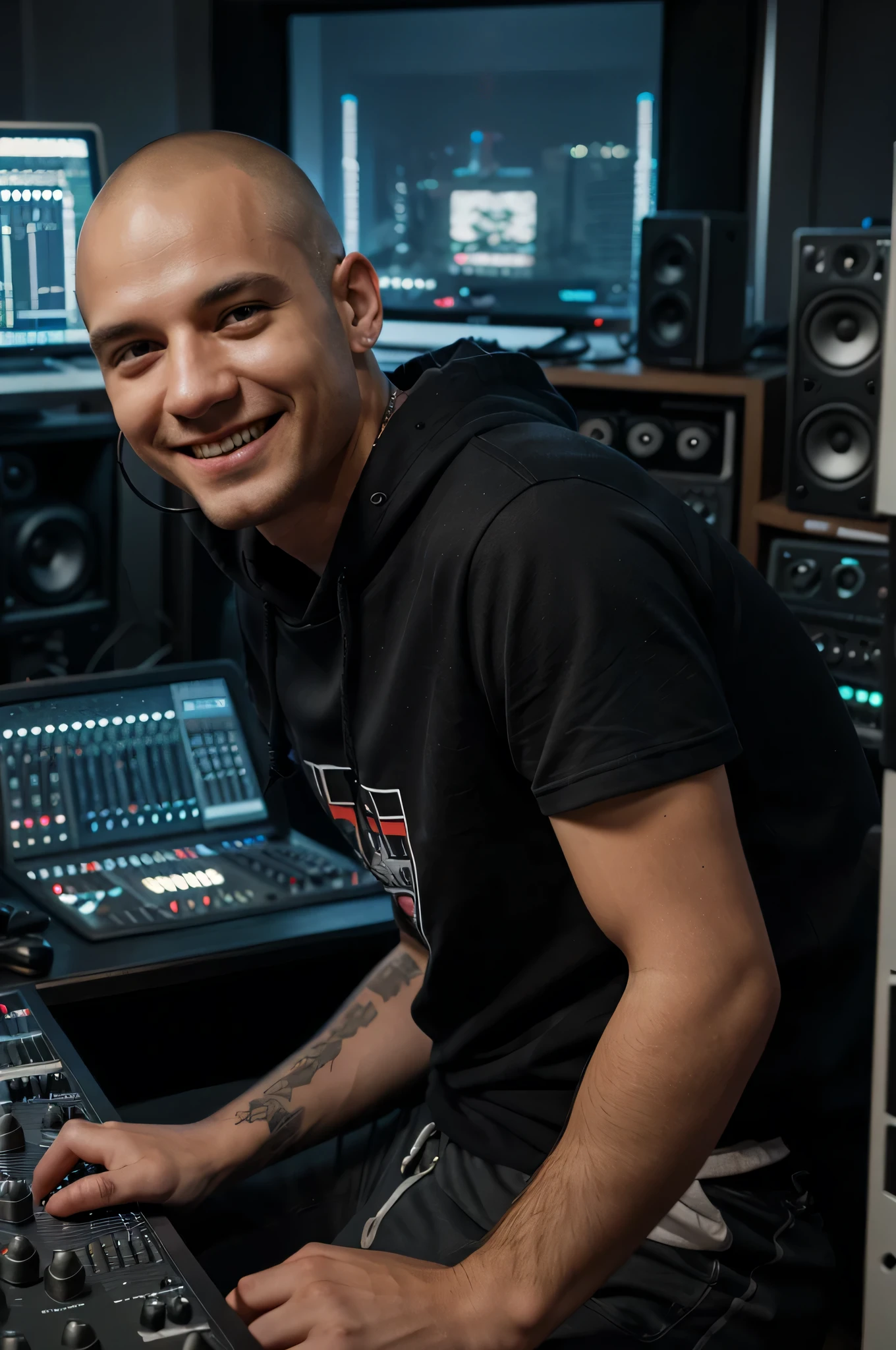 photo-réaliste, Très détaillé, nuit, Studio de musique, Console de mixage, enceintes de monitoring, homme, Souriant, cheveux rasés, t-shirt léger, sweatshirt à capuche