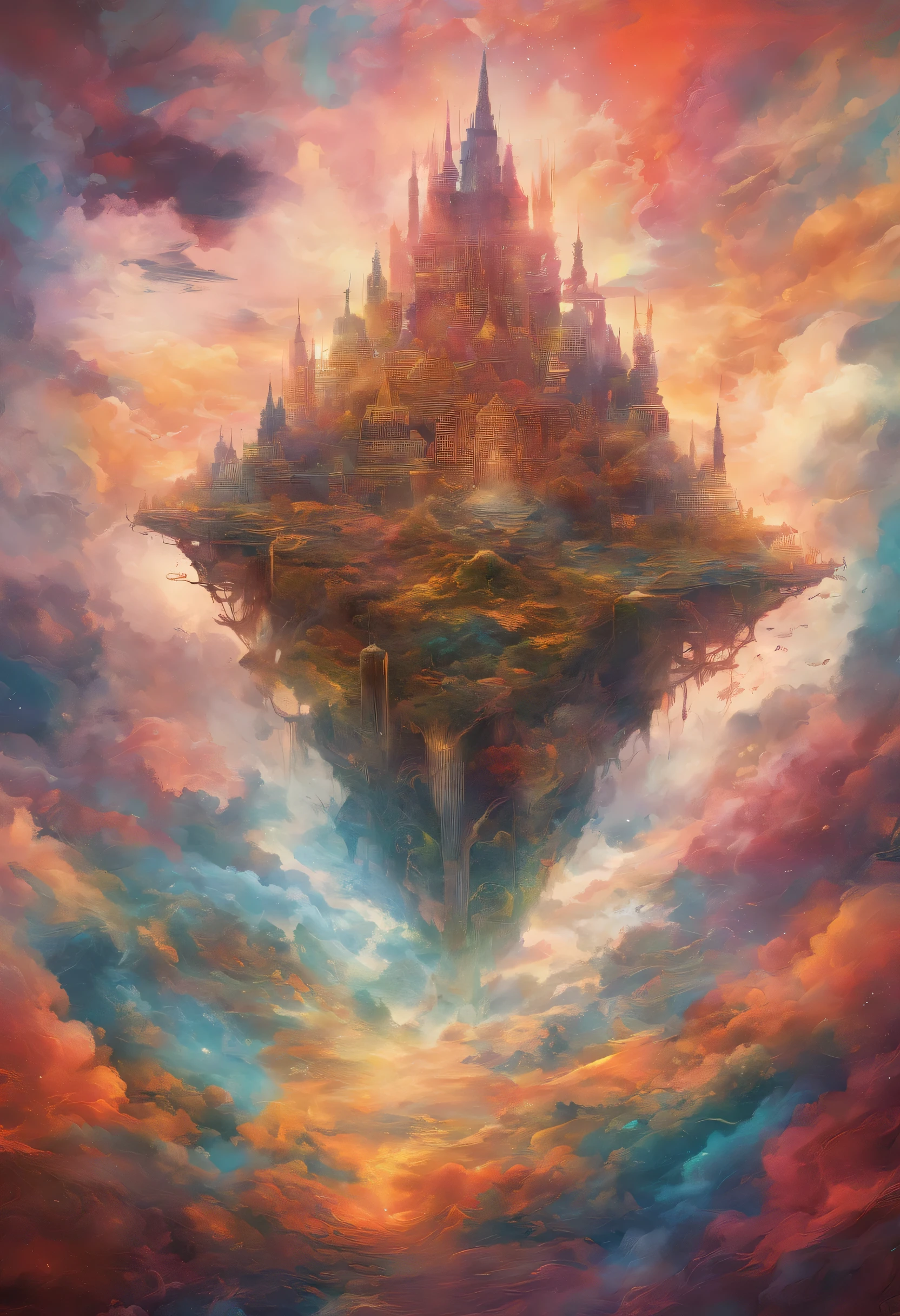 detailed texture, vibrant colors, surreal lighting, dreamlike atmosphere, intricate patterns, abstract composition, harmonious balance, mysterious narrative, infinite depth, endless possibilities, mesmerizing aesthetics, transcendent experience, immersive journey, visual poetry, surrealism.heavens touching clouds of earth.