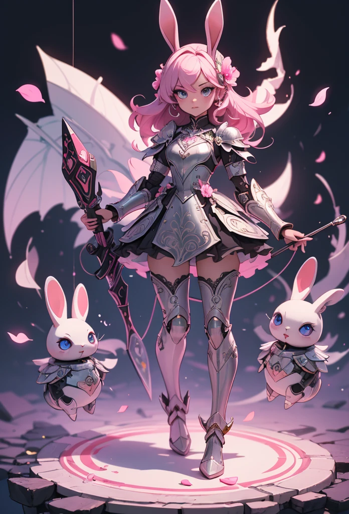 (detailed illustrations,Very detailed and precise drawing,Delicate drawn lines with tempo,Realistic texture expression),[color traced main line],(fantasy world battlefield [burning castle]),(GIRL ROBOT 12yo (pink rabbit [METALFACE[clear lenticular iris]])) [WEAPON MACHINE],(([petal] metal dress [frills]) [flower pattern] [Clear pink translucent armor that covers the body surface]) [ribbon]) [Energy tubes that glow at the joints],[use a sledgehammer as a weapon],[[Mobile Weapon Gigant Size][science fiction mechanical]],(Metallic luster on metal parts),(intricate and beautiful decoration [Dense detail]),(Precisely drawn face)[perfect eye details(Beautifully detailed iris)[eyes like jewels]],[long and beautiful eyelashes],[precisely drawn hair [Beautiful and shiny hair details]],(perfect hand details [Beautiful fingers with no damage [beautiful nails]]),(perfect anatomy(perfectly balanced proportions))[[full body portrait]],[ideal color coordination(Accurate simulation of light and material interactions)],[Visual art that tells a story].