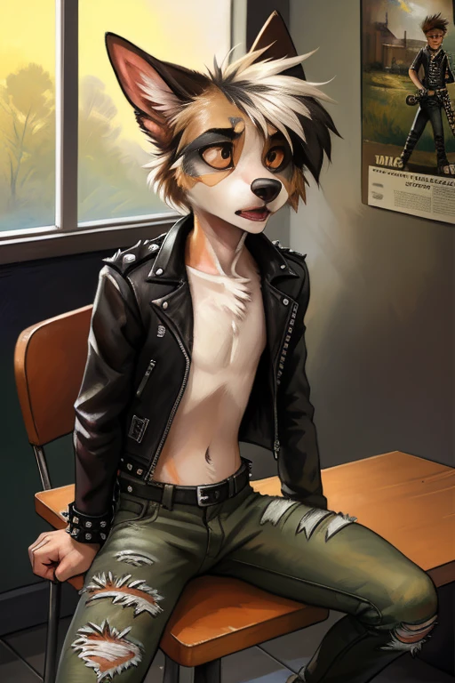 solo, ((Australian shepard)), male, slender, ((twink)), detailed, uploaded to e621, beautiful and detailed portrait of an anthropomorphic boy, short hair, fauxhawk haircut, kenket, uploaded to e621, digitigrade legs, very fluffy detailed fur, detailed fluffy tail, (detailed very thick black eye liner), ribs and hip bones, (detailed punk outfit, torn jeans, leather jacket), police station, handcuffed to chair, sitting in chair, inside, interrogation room, scared, sad, 