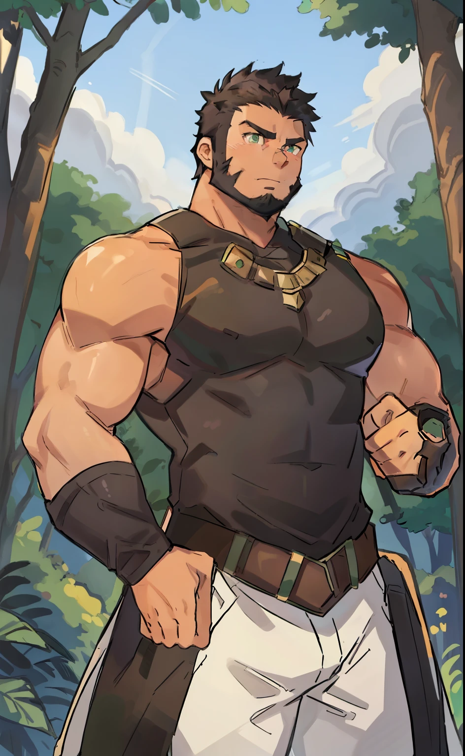 Masterpiece, Best Quality, 1man, solo, big, stud, muscular, bara, black hair, very short hair, military cut hair, black beard, full beard, green eyes, 36 years old, wearing armor, sleeveless, serious expression, cowboy shot, forest background