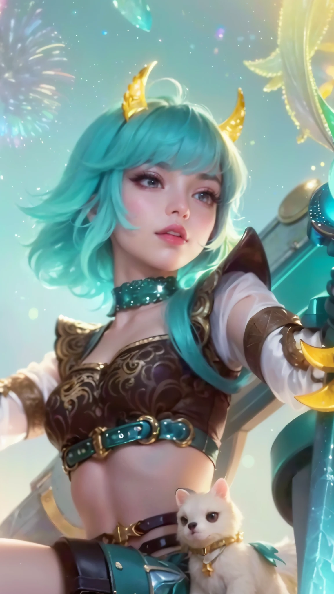 (8k, RAW photo, photorealistic:1.25) ,( lipgloss, eyelashes, glosace, glossy skin, best quality, ultra highres, depth of field, chromatic aberration, caustics, Broad lighting, natural shading,) looking at viewer with a serene and goddess-like happiness, Beatrix spesial skin mobile legends bang bang