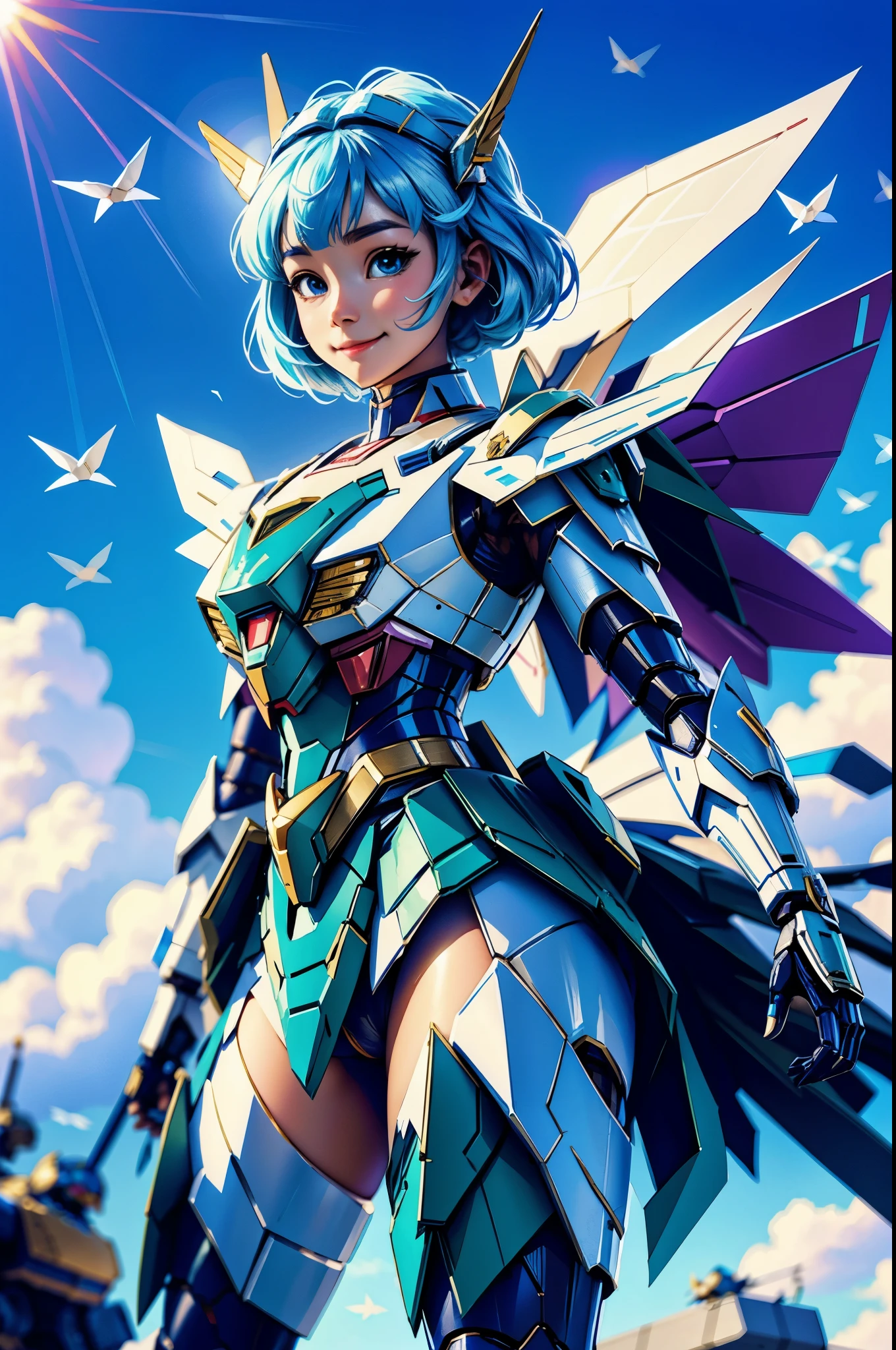 1 super cute wear origami gundam armor, smile, ready for battle, carry ultra large cyber blade, looking at camera