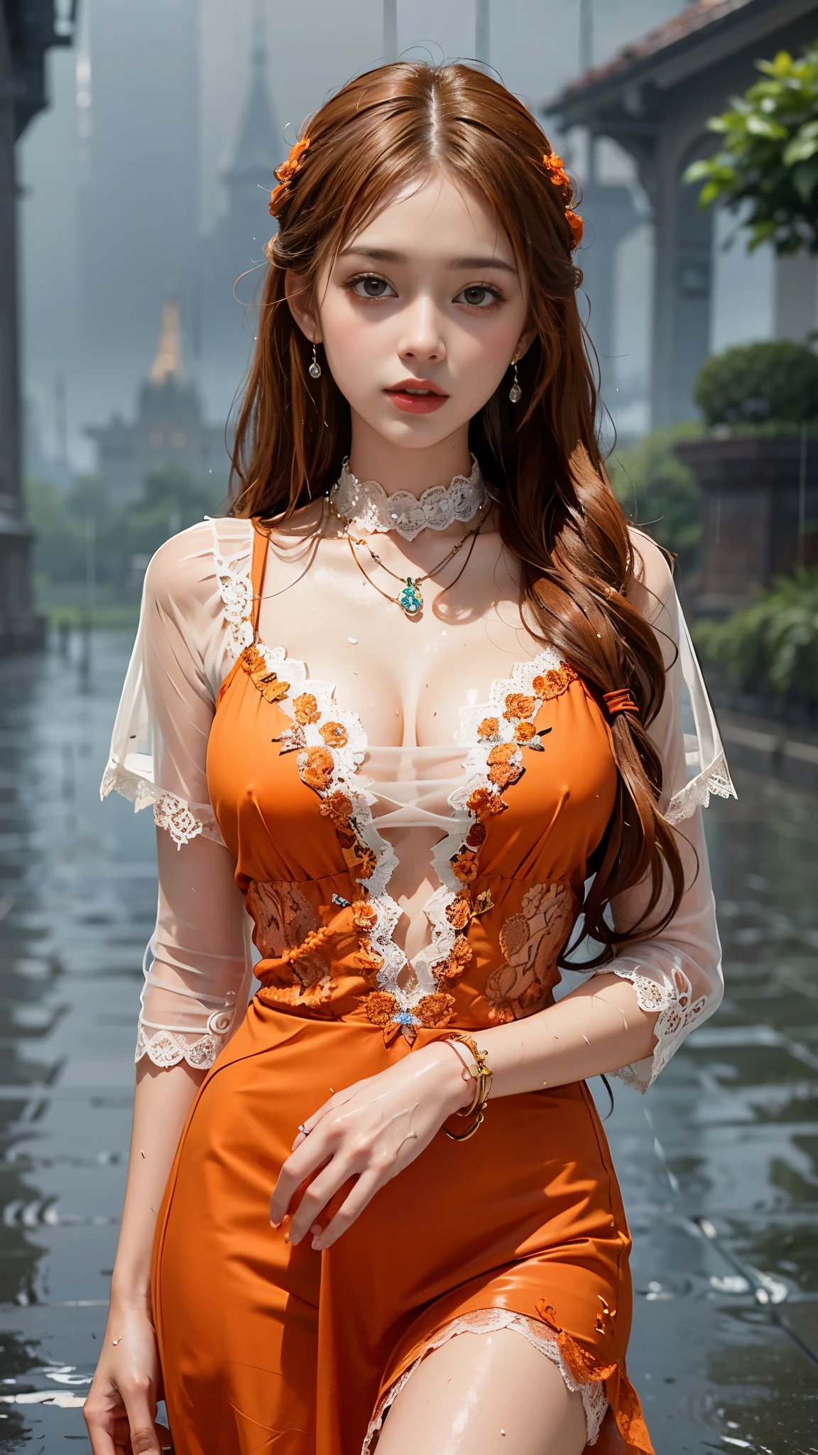  ((best quality)), ((masterpiece)), (detailed), 1 girl, good face, ultra long hair, orange hair, impressive hairstyle, (wet body:1.2), (orange lace dress:1.5)), (long lace:1.5), (transparent lace:1.4), (jewellery:1.5), disney castle background, (rainy weather:1.5),