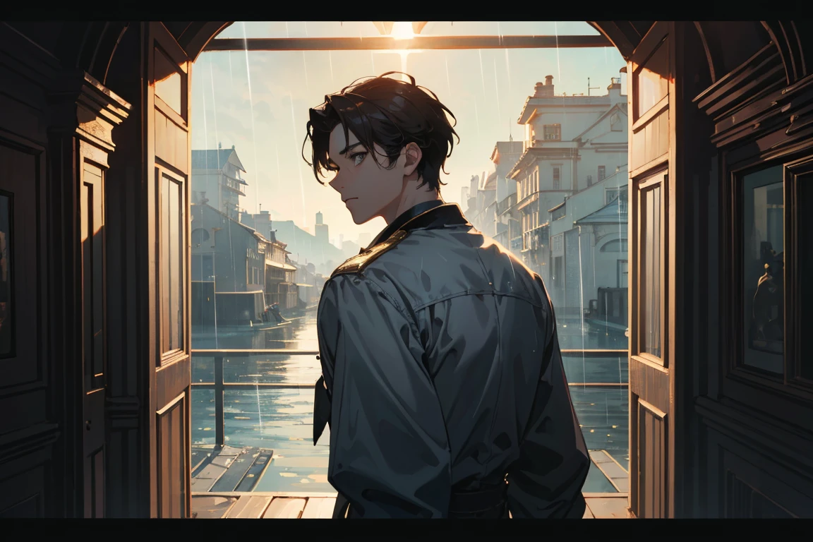 Young boy, handsome, white skin, 4k, short black, grey eyes, rain, cinematic, backlight, golden hour, (official art, beautiful and aesthetic:1.2), close view, shining sky, vast world, awe-inspiring expression, distant horizon, high hill, natural beauty, inspiration, light effects,