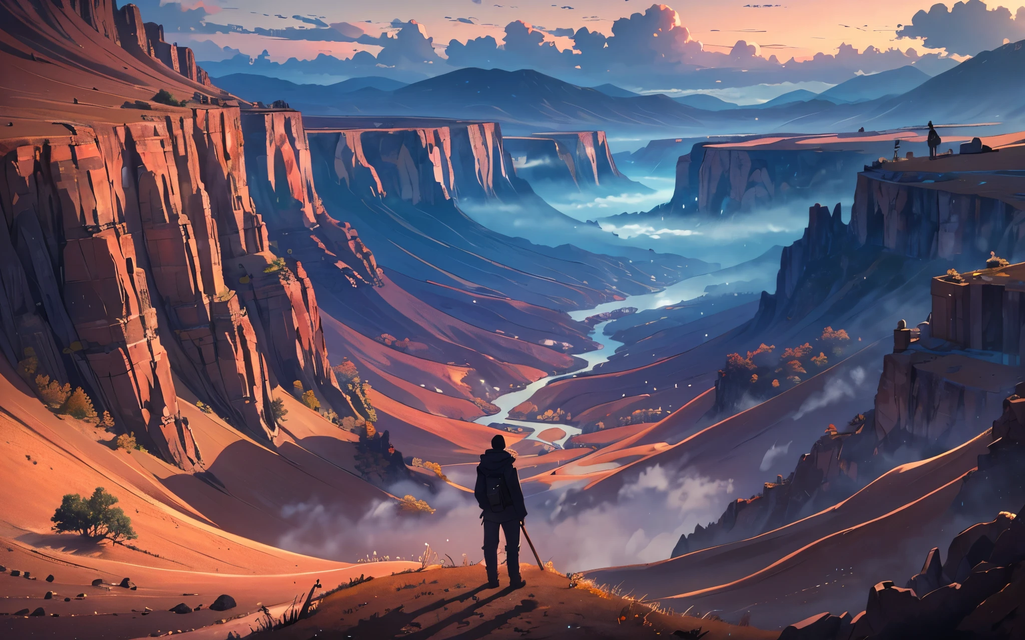 vast landscape of a desolate valley, a lone man from a distance, sense of solitude, twilight shimmering on the horizon, cinematic quality --auto --s2