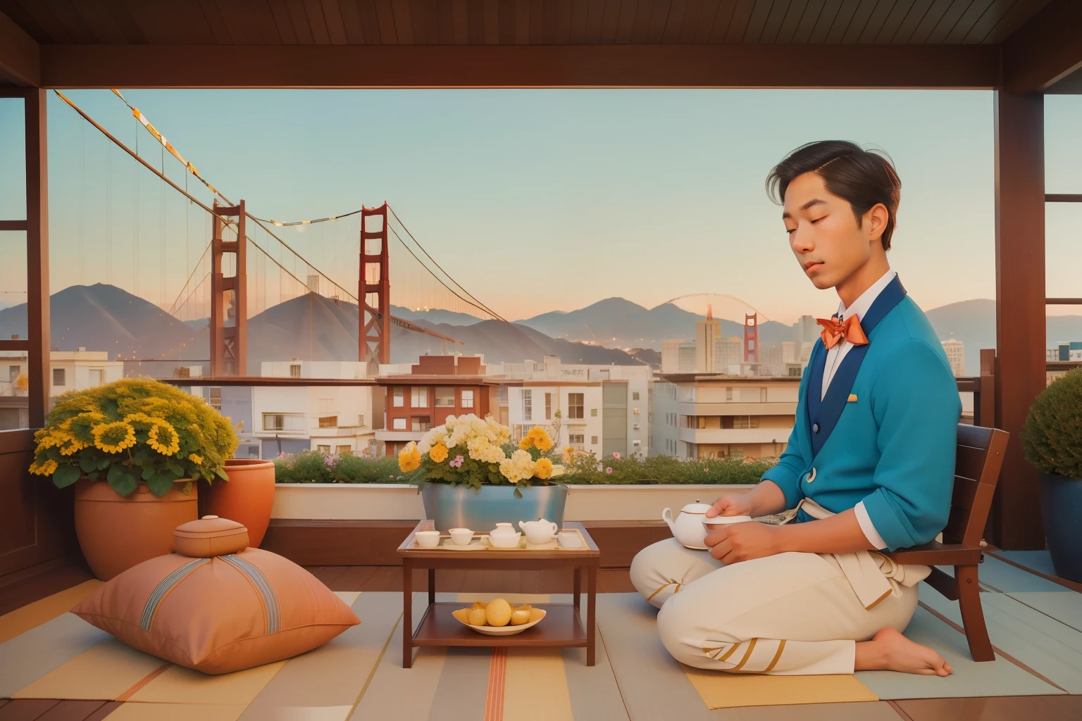 2010s American Rooftop Garden Tea Ceremony (Location: San Francisco):
Character: A tween boy with a bowtie, participating in a serene rooftop garden tea ceremony overlooking the hills of San Francisco during the 2010s. Illuminate the meditative scene with Wes Anderson's modern and zen color palette.