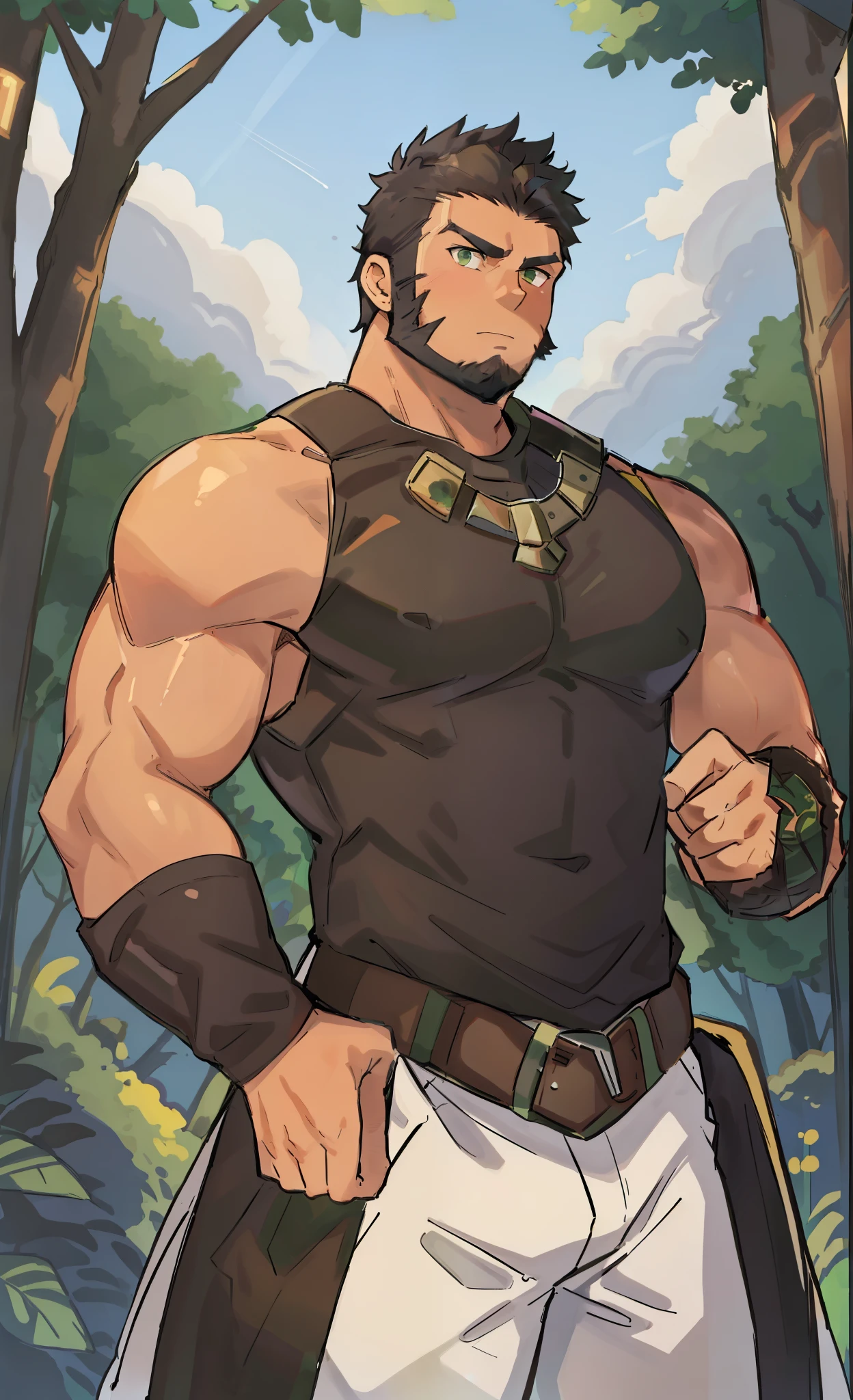 Masterpiece, Best Quality, 1man, solo, big, stud, muscular, bara, black hair, very short hair, military cut hair, black beard, full beard, green eyes, 36 years old, wearing armor, sleeveless, serious expression, cowboy shot, forest background