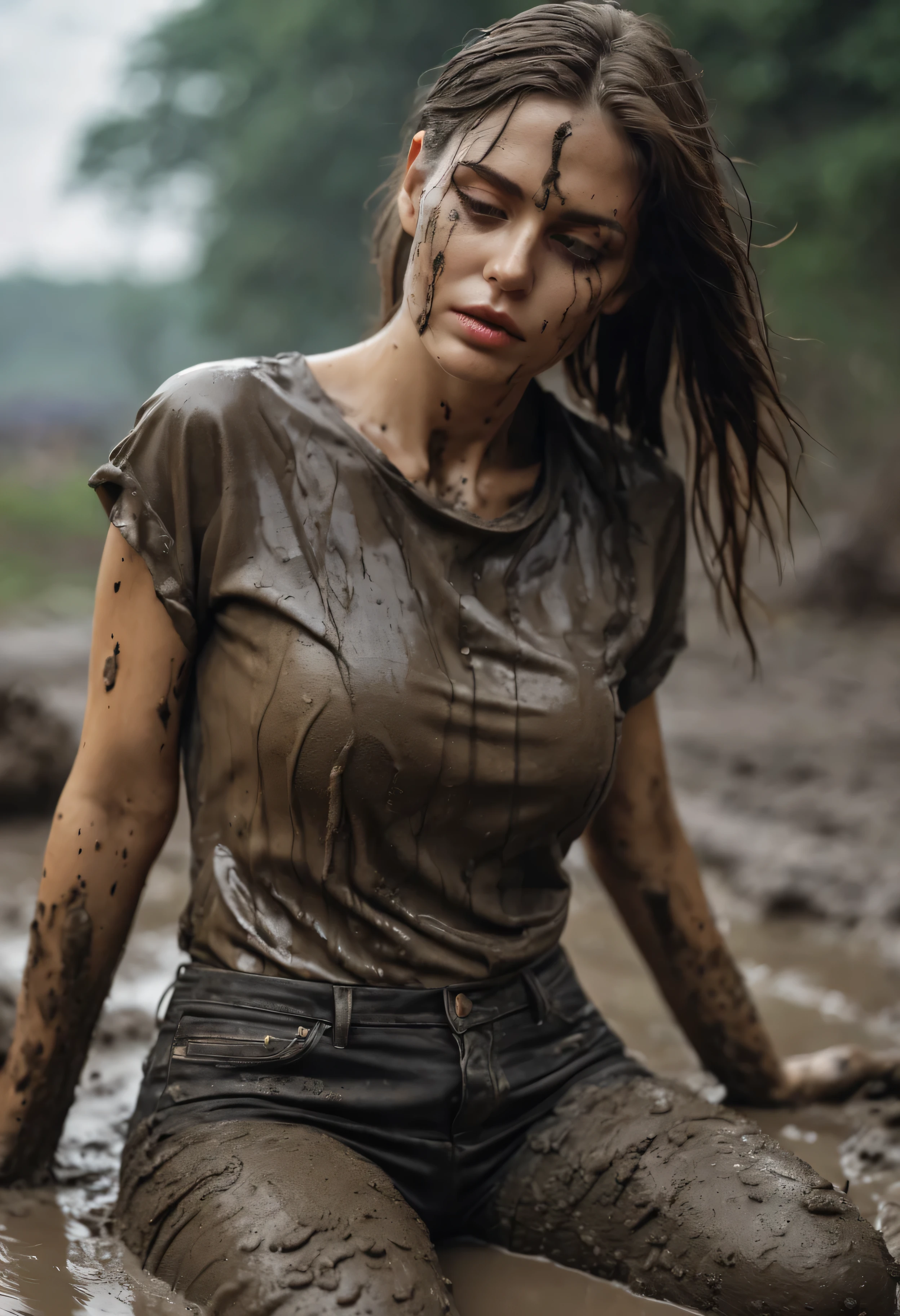 (best quality, highres, ultra-detailed, realistic:1.27), shameful fetish atmosphere, woman taking a mud bath, jeans covered with mud, expression of despair, blouse, dramatic lighting, seductive gaze, outdoor, золотой час