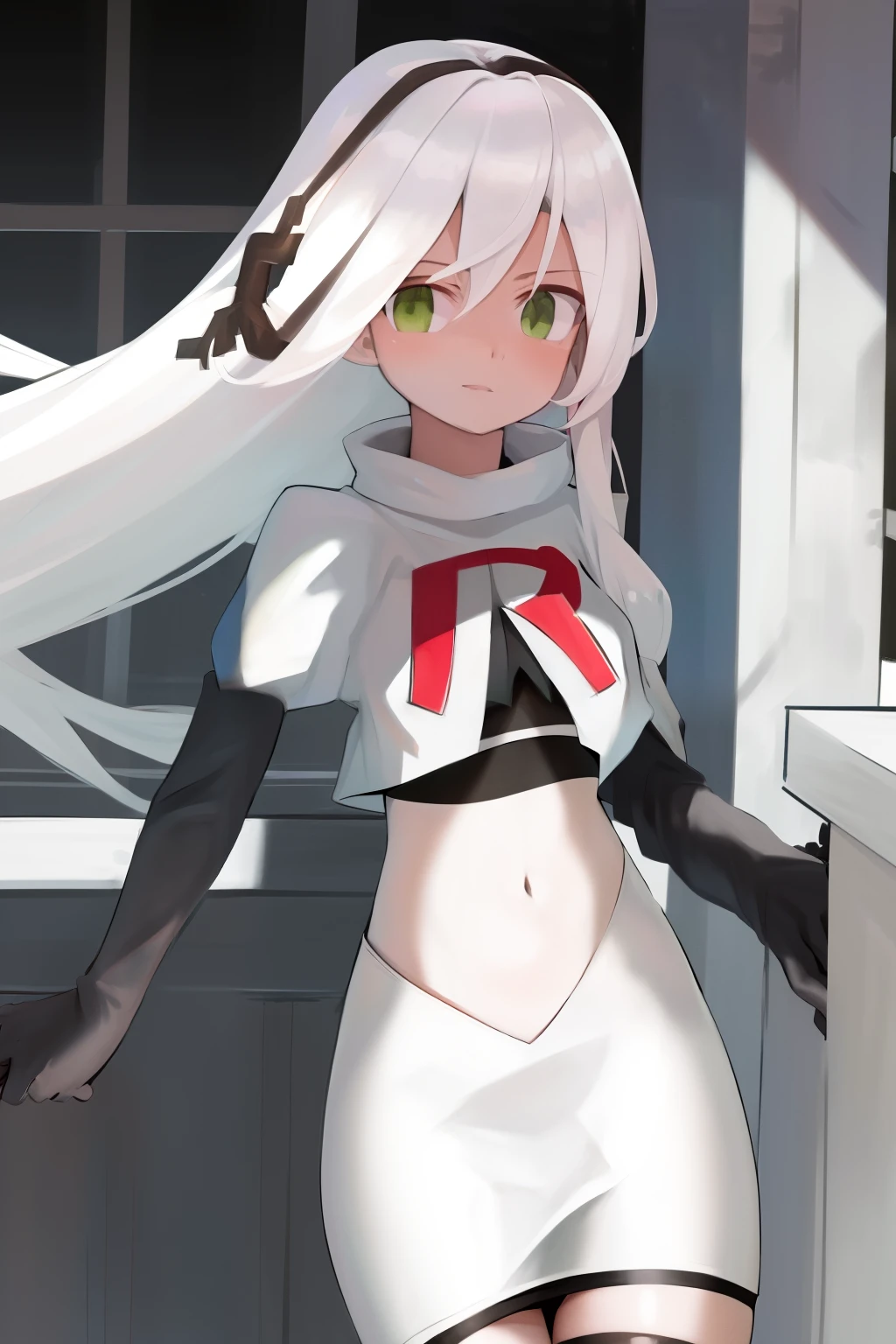 masterpiece, best quality, highres, 1girl avilia white hair green eyes, team rocket,team rocket uniform, red letter R, white skirt,white crop top,black thigh-highs,black elbow gloves