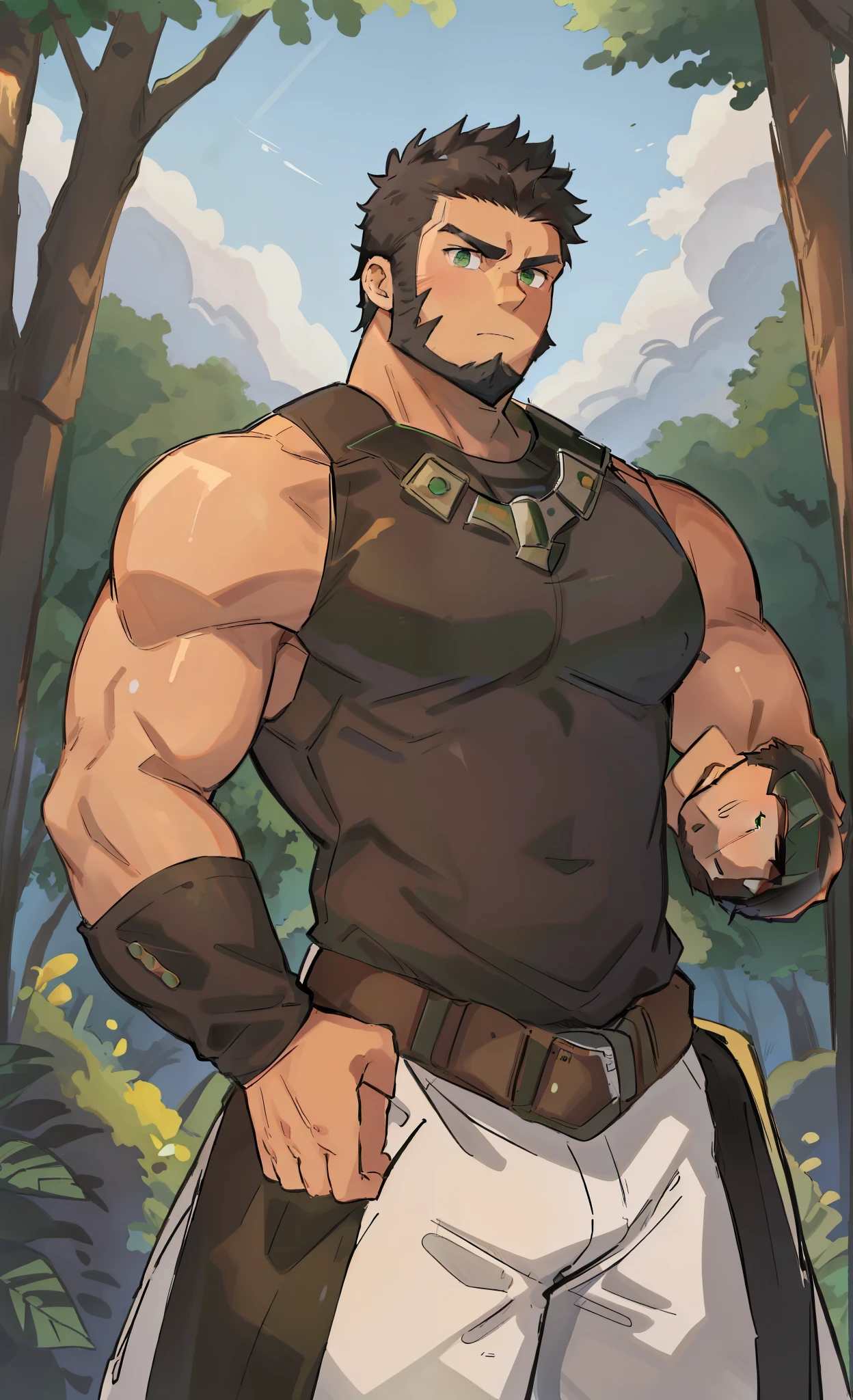 Masterpiece, Best Quality, 1man, solo, big, stud, muscular, bara, black hair, very short hair, military cut hair, black beard, full beard, green eyes, 36 years old, wearing armor, sleeveless, serious expression, cowboy shot, forest background