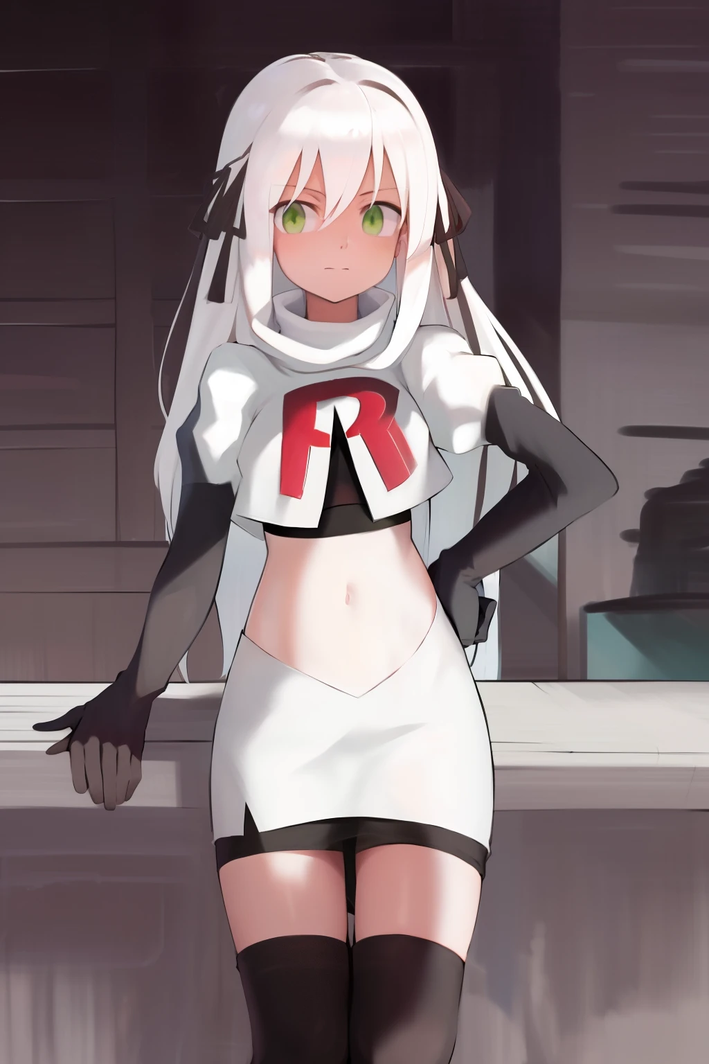 masterpiece, best quality, highres, 1girl avilia white hair green eyes, team rocket,team rocket uniform, red letter R, white skirt,white crop top,black thigh-highs,black elbow gloves