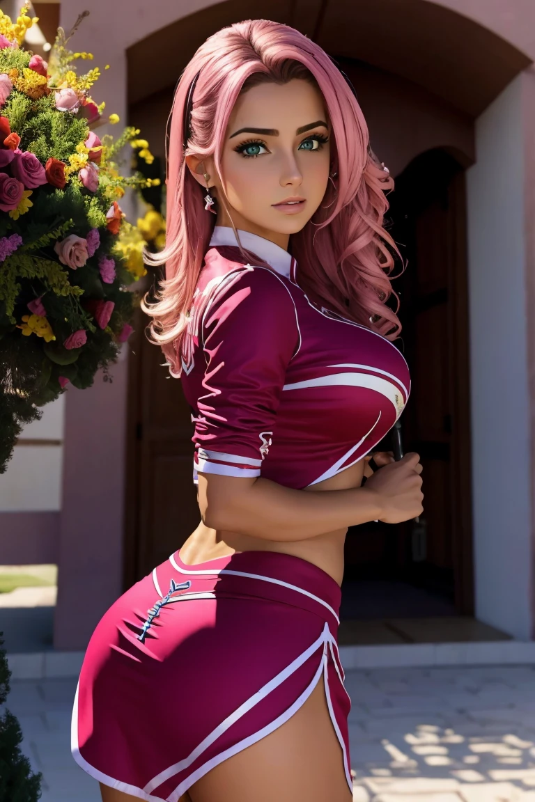Super Detalhe, best quality, alta resolução, luz reflexiva, Power Ranger swimsuit, Ranger rosa, uma menina, seios grandes firmes, (Terno muito brilhante), ((Terno de fibra de nylon)), ((Big city in the morning background)), (blush vermelho), mini saia rosa,  botas rosas,  sorriso, pernas abertas, cintura fina, cabelo rosa longos, expondo as coxas, expondo a calcinha, corpo perfeito, Athletic body, Camera ass