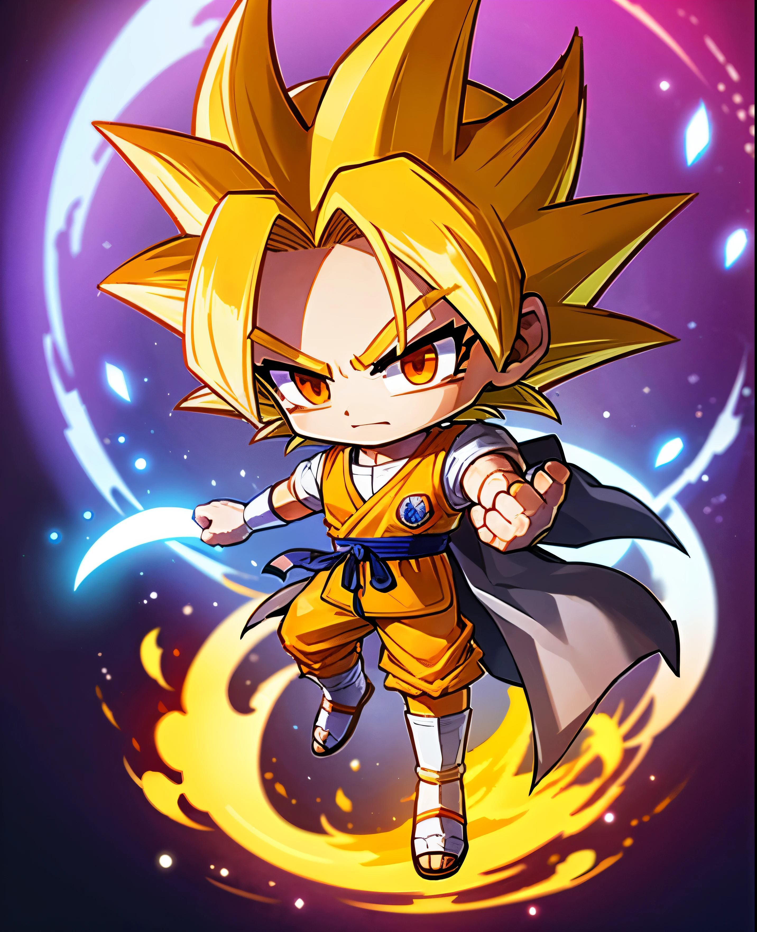 melhor qualidade, obra de arte, filho_Goku_\(Dragon sphere\), Super Saiyajin, Sozinho, rosto fofo, Chibi, best proportion for fingers and a thumb, cabelo amarelo, colarinho branco, mangas brancas,