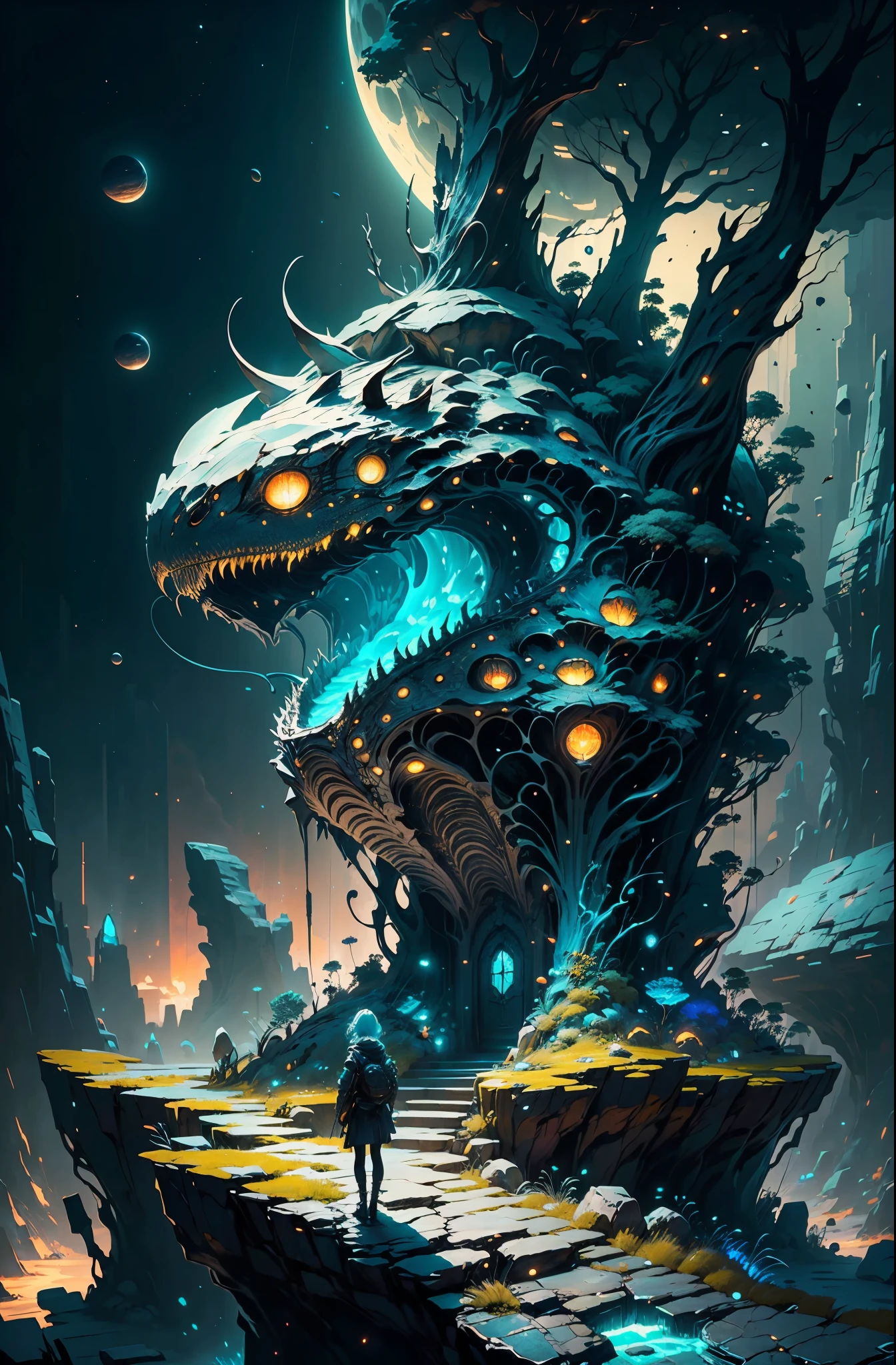 standing on marvelous stone, standing girl:1.2, (Low contrast ), color fantasy style, Oil painting on matte canvas, sharp detailed, expanse scifi space scape ceres colony, Intricate, Highly detailed, Digital painting, many colors, smooth, Sharp focus, illustration, Unreal Engine 5, 8K, poster art theme 1970's