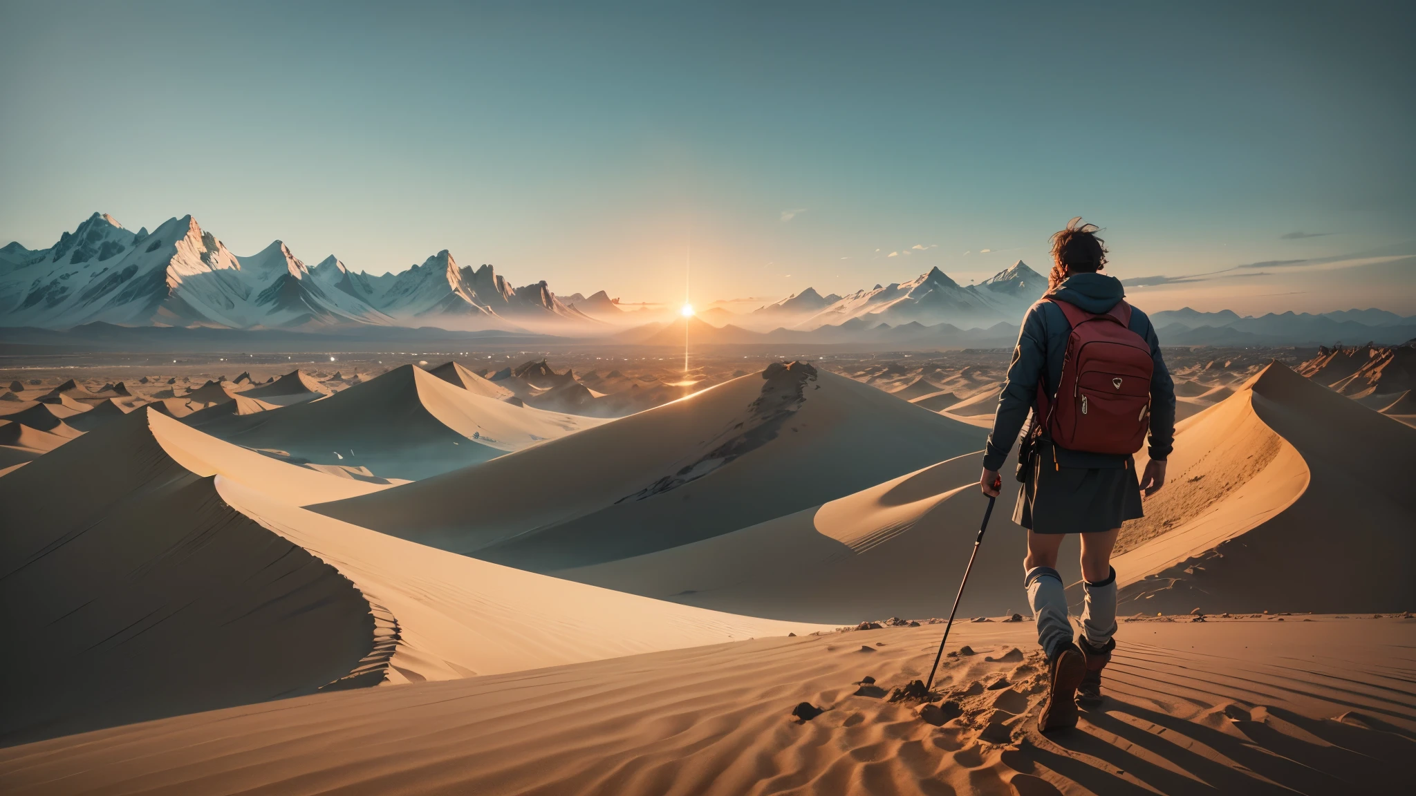 montage of a man traveling through diverse landscapes, deserts with blowing sand, bustling city streets, icy mountain tops, sense of search, dynamic angles, high-quality travel shots --auto --s2