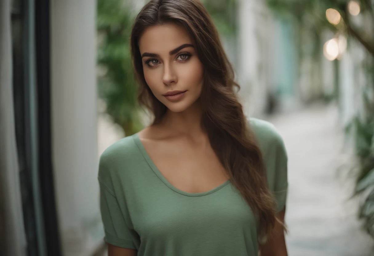 Arafed mujer con una camiseta blanca sin mangas y un collar, con ojos verdes, Retrato de Sophie Mudd, brown hair and big eyes, selfie de una mujer joven, ojos dormitorio, violeta myers, sin maquillaje, Maquillaje Natural, Looking directly at the camera, cara con artgram, maquillaje sutil, Stunning cuerpo completo photo, penetrantes ojos verdes, beautiful angle, pose atractiva, Pretty , pose sexy, imagen de cuerpo completo, cuerpo completo, cuerpo completo shoot, Diosa morena, Alto detalle, pose satisfecha, with gray falda and botas, falda, botas