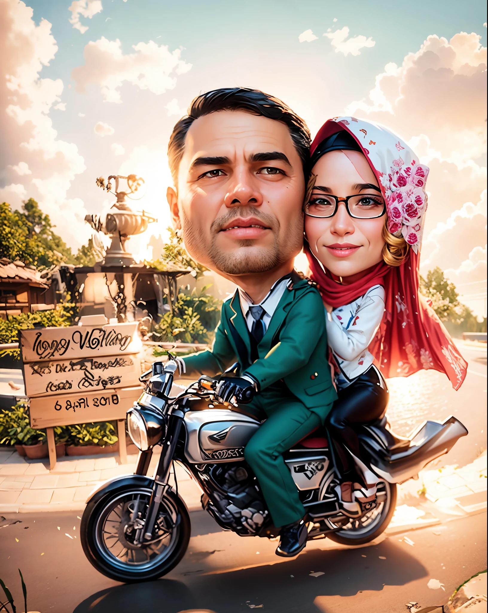 cartoon of a couple muslim on a motorcycle with a man and woman, caricature illustration, wedding, in cartoon style, cartoon art, caricature, caricature style, caricature!!!, digital art cartoon, cartoon digital art, cartoon painting, cartoon digital painting, cartoon artstyle, digital cartoon painting art, , realistic!!, happy couple, realistic cartoon, foto realistic,(hypeerealism:1.1),(detail:1.2),bokeh,8k