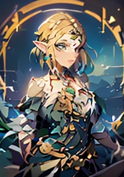  image of a woman in a blue bodysuit and gold jewelry, portrait of princess zelda, portrait of zelda, princess zelda, zelda, zelda botw, zelda style art, portrait of an elf queen, zelda with triforce, artgerm julie bell beeple, elf princess, alluring elf princess knight, from legend of zelda, big breast, big butt