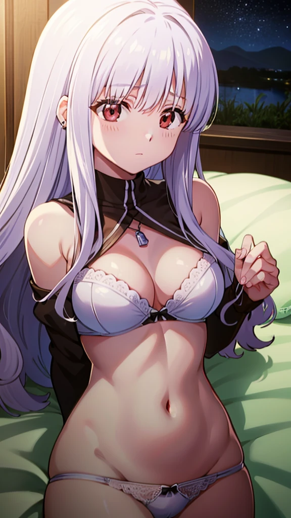 masterpiece, best quality, 1 solo girl, white hair, red eyes, long hair, medium breasts, mature body and face, wavy hair, white bra, white panty, bed, jewellry, pendant, earring, night sky, cowboy shots, detailed body, face, and eyes, sharp focus, vibrant, creative, dynamic, high definition, high resolution, 8k, (Upscale: R-ESRGAN 4x+ Anime6mage enchance:4x), voluptuous body, lying at the bed