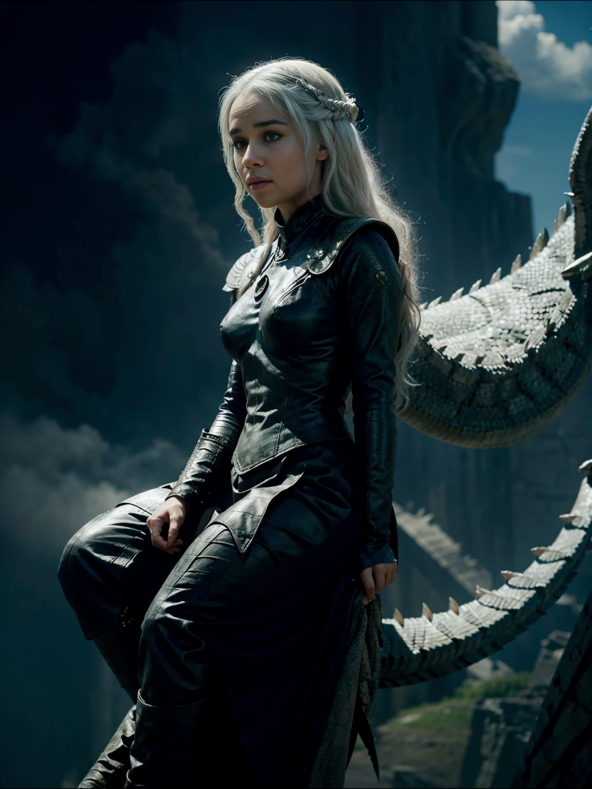 Daenerys Targaryen is a black woman riding on a dragon flying in the sky
