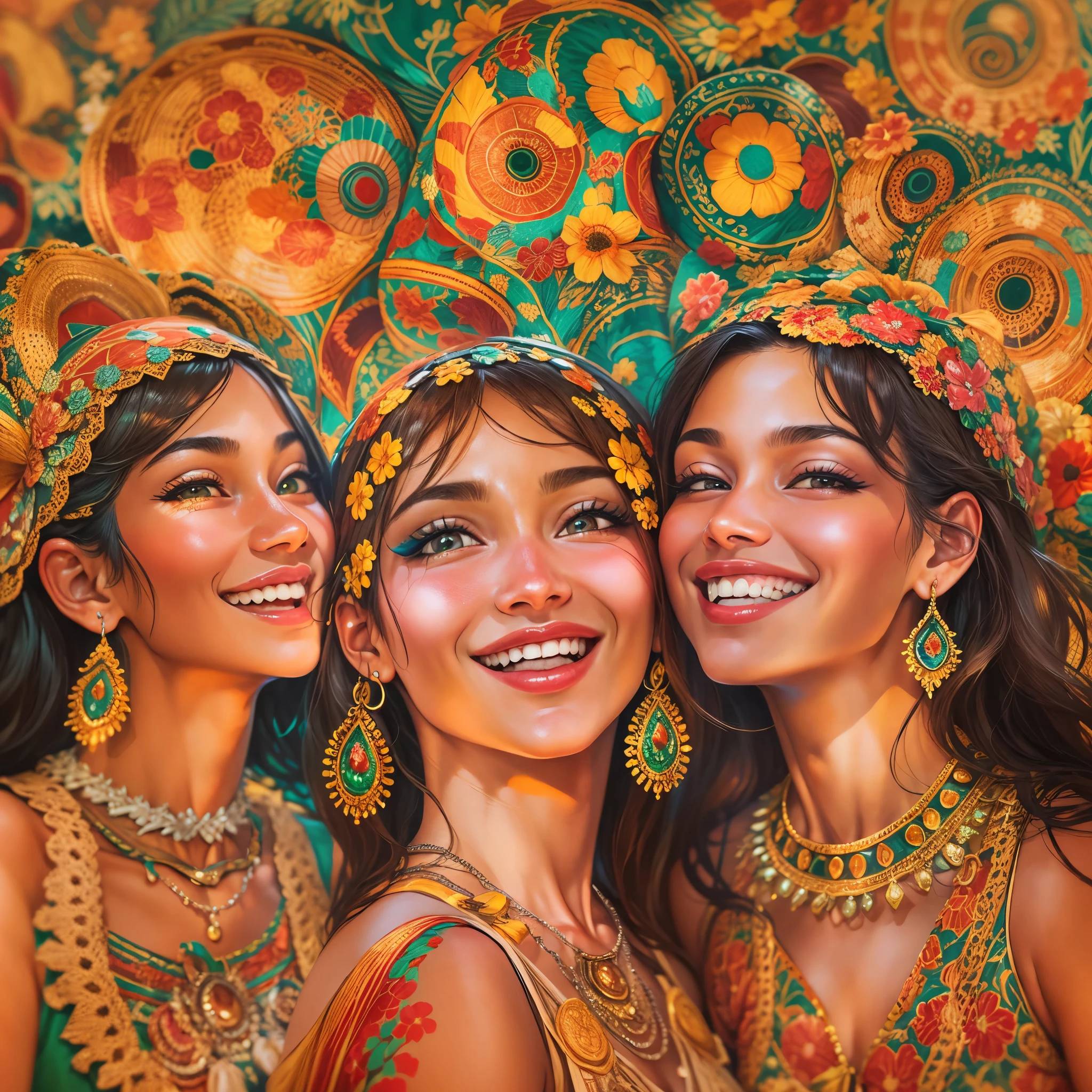 um grupo de mulheres ciganas, ((nuas)),lesbians, evento de orgias, beijos na boca,cores vibrantes, intricate patterns, gold jewelry, Olhos e gestos expressivos, lively and energetic atmosphere, Festive celebrations, ambiente ao ar livre, luz solar quente, efeito bokeh, oil painting, detalhes de alta qualidade, cores vivas e saturadas