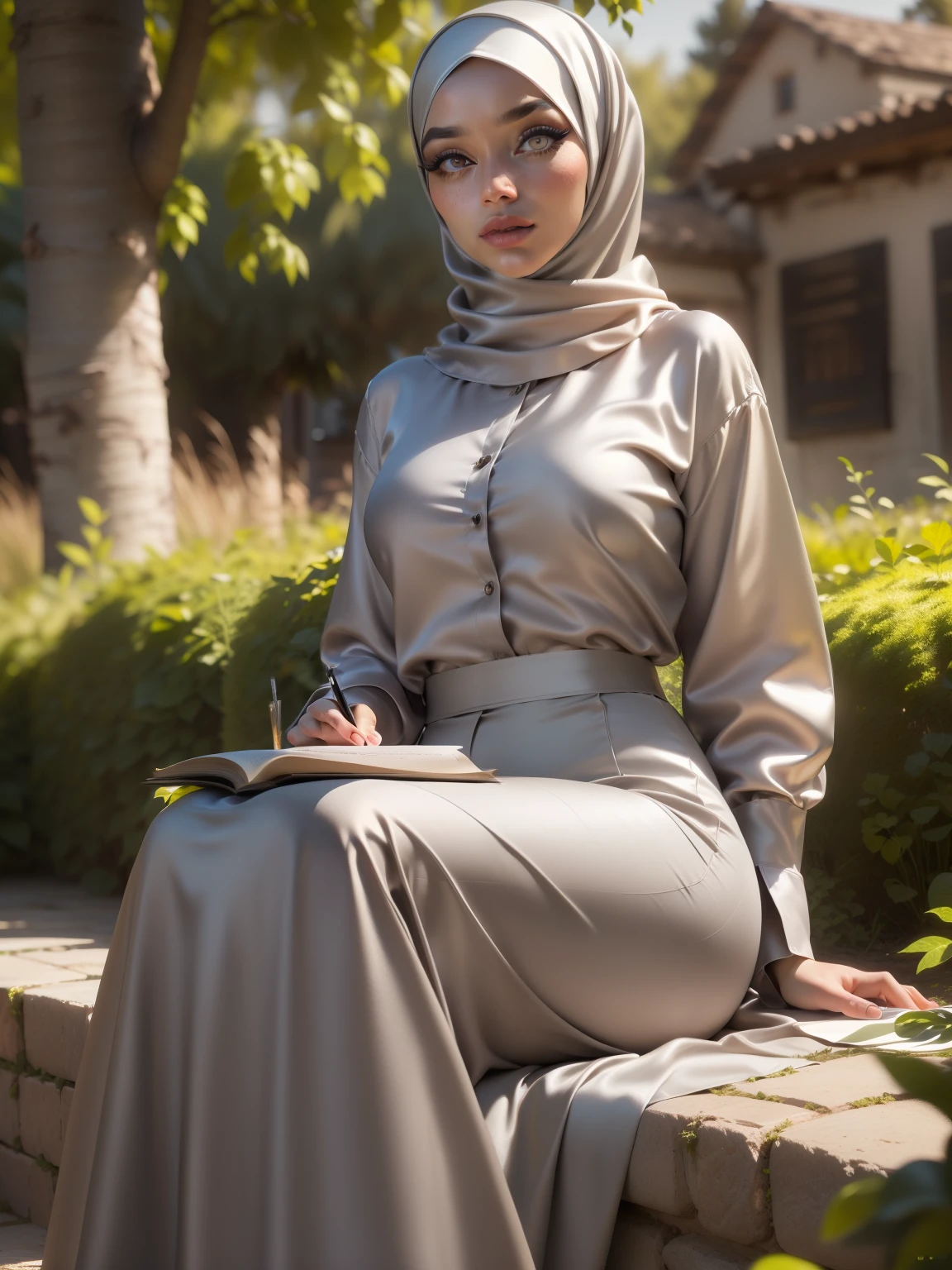 3DMM, ((Masterpiece, best quality, photography, detailed skin, realistic, photo-realistic, 8k, highly detailed, full length frame, High detail RAW color art, diffused soft lighting, shallow depth of field, sharp focus, hyperrealism, cinematic lighting, hijab, a woman in a beautifully makeup, smokey eyeshadow, beautiful big eyes, long eye lashes, wearing (Taupe satin hijab), loosely tide hijab style, ((gray satin shirt)), satin long maxi skirt, reading, sitting under tree, garden
