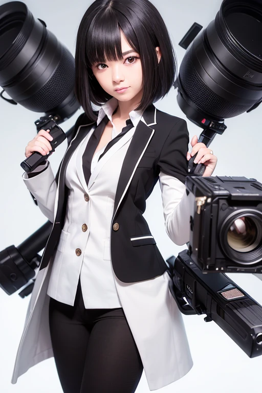 Woman black hair White blazer Holding Canon camera with both hands, studio professional