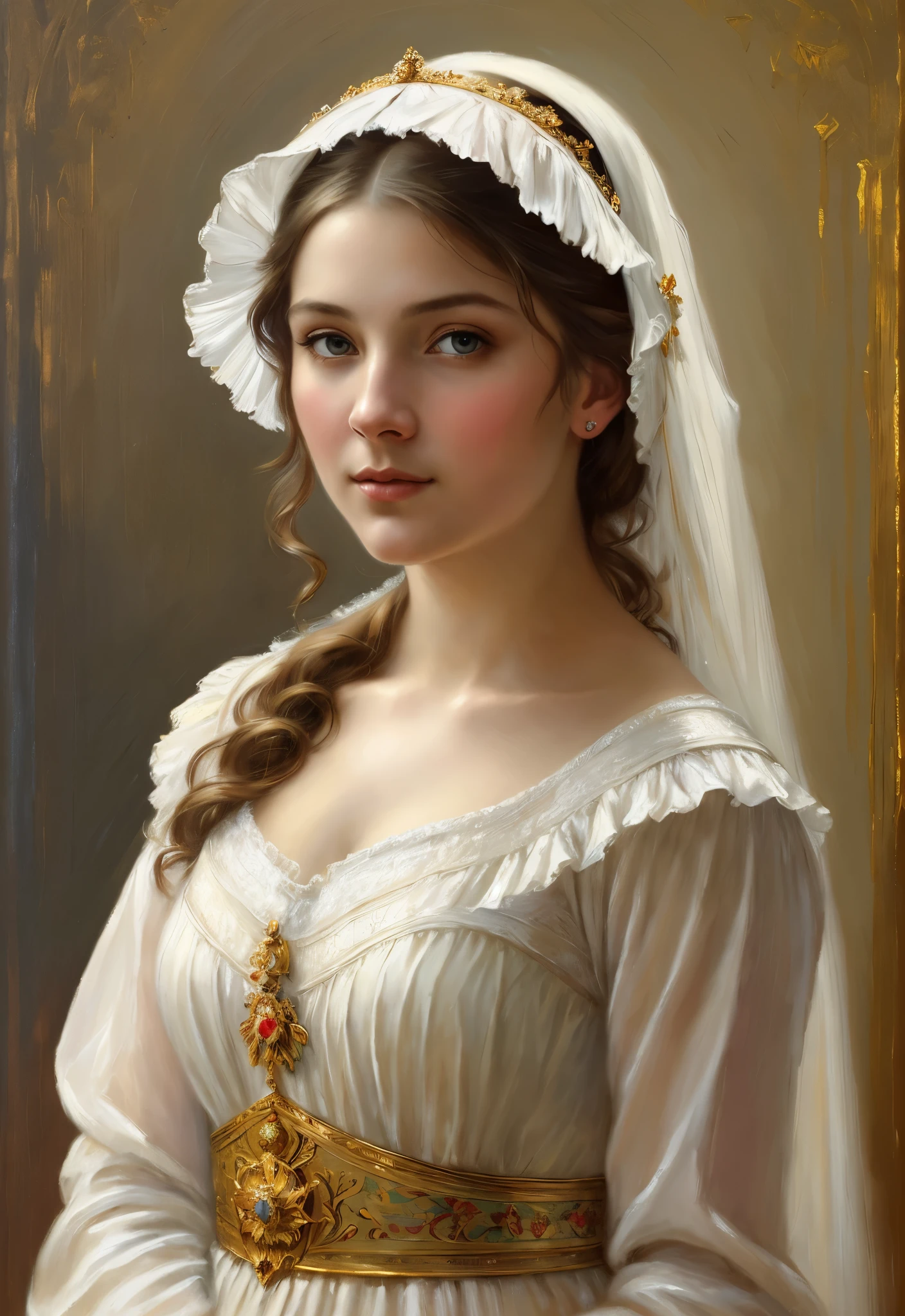 Masterpiece, Best quality, Ethereal beauty, portrait, girl, 35 years old Woman, middle ages, classicism, andrey atroshenko style, painting, traditional media, realistic, figurative, fine art, oil on canvas, HDR, 8K, original character, high resolution, high detail, focus on the face