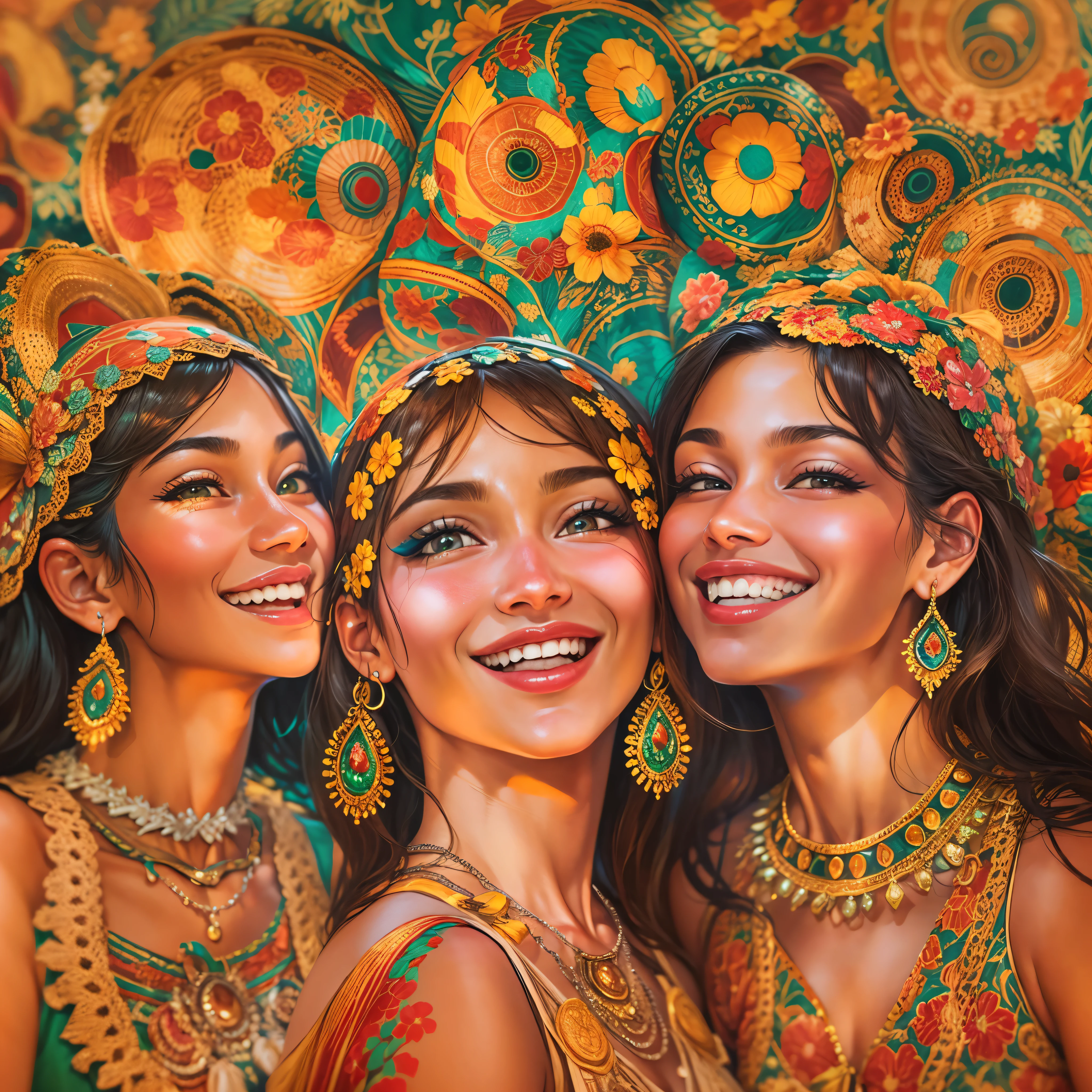 um grupo de mulheres ciganas, ((nuas)),lesbians, evento de orgias, beijos na boca,cores vibrantes, intricate patterns, gold jewelry, Olhos e gestos expressivos, lively and energetic atmosphere, Festive celebrations, ambiente ao ar livre, luz solar quente, efeito bokeh, oil painting, detalhes de alta qualidade, cores vivas e saturadas