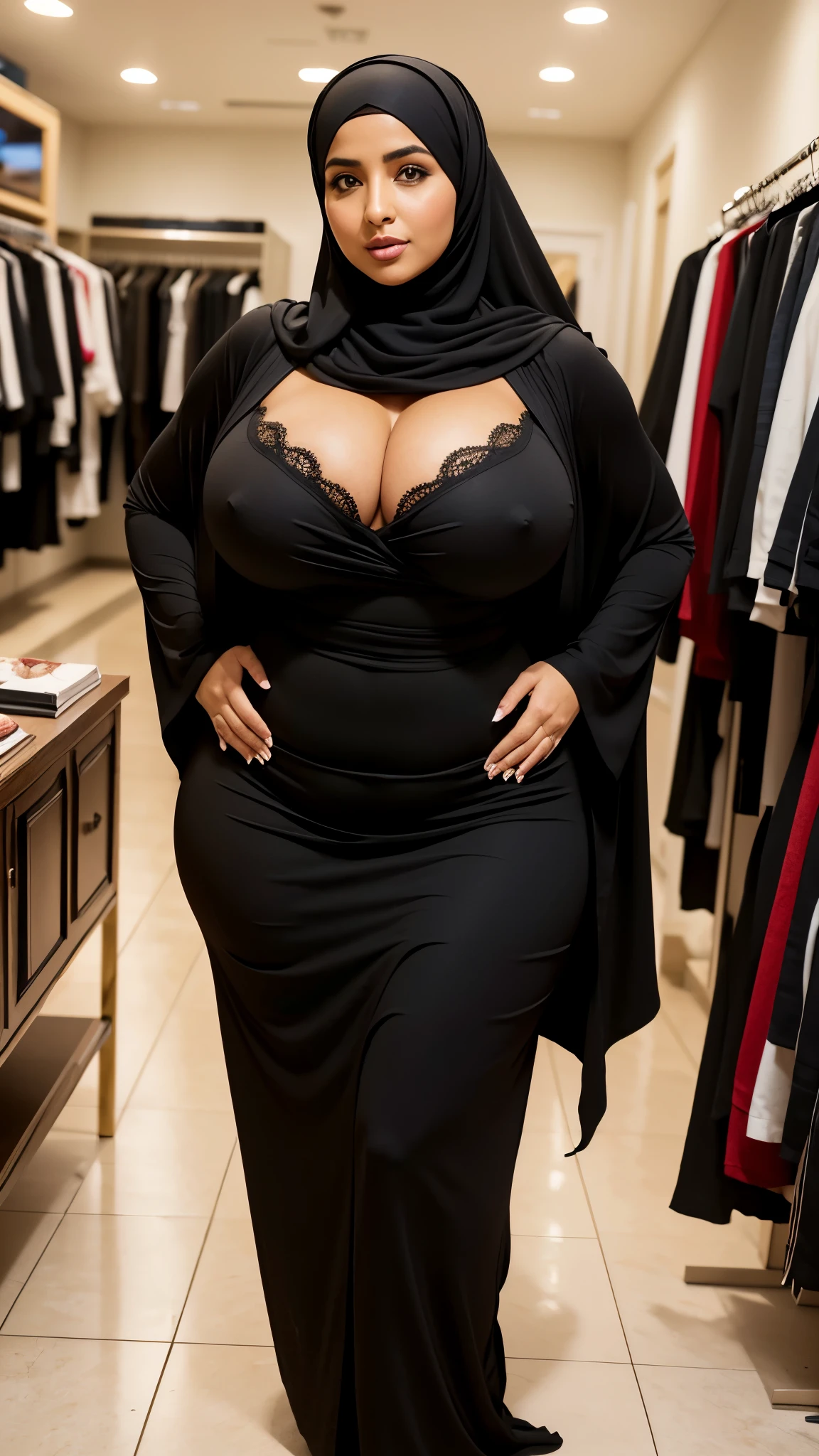 Busty thicc Egyptian mom in store. Sexy outfit. Abaya. Optimistic best quality,highres,ultra-detailed,realistic:1.37),curvaceous,mature,voluptuous,curvy, sultry, seductive, alluring, big sexy fat ass hijabi woman mature, thick ass, thick thighs