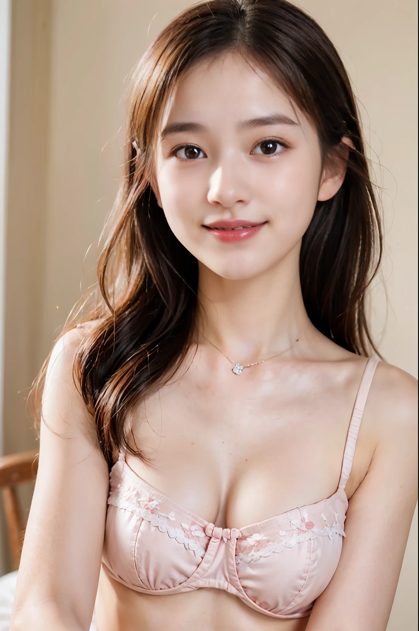 (8K、Live shooting、realistic:1.25)、1 girl、14 year old woman with a beautiful face、shy smile、Trying to take off your underwear、diamond necklace、white underwear、whole body、lip gloss、Glossy skin、highest quality、ultra high resolution、