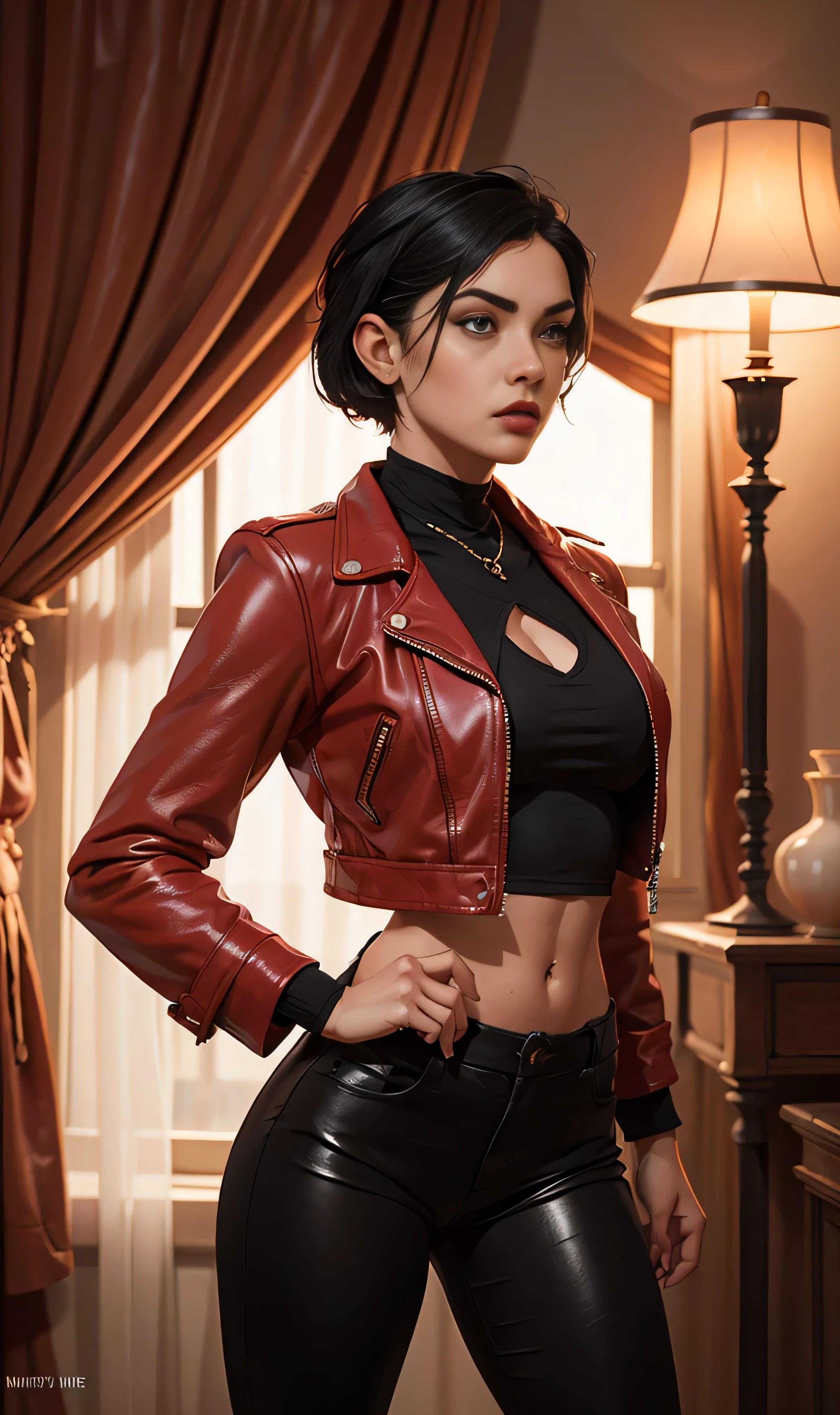 beautiful 25-year-old British vampire mercenary woman with short black hair, pale skin, wearing a red leather jacket and black tight leather pants, front view, dynamic pose, ambient lighting, realistic photo, intricate facial detail, intricate hand details, highly detailed, vivid colors, cinematic, high resolution, trendy Artstation -- style raw