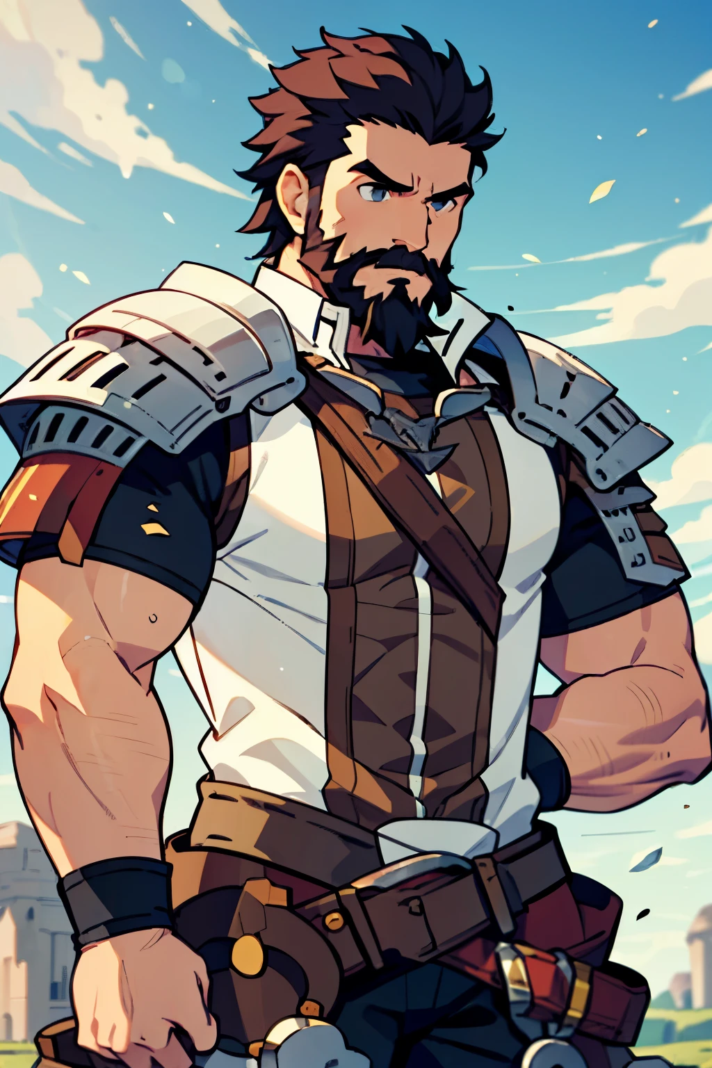 Large medieval kingdom in the background, old mature muscular male, black hair, very short hair, cropped military hairstyle, ((black beard))), ((thick beard)), (((full beard))), ((long beard)), green eyes, bright eyes, 48 years old, muscular male, tall, Piece, athlete, bare biceps, Abs, chest, medieval armor, light armor, red armor, Mystical armor, Golden details on the armor, black details on the armor, elsword style armor, ((arms exposed)), thick beard, Neutral face, cowboy shot, high resolution:1.2, best quality, master part, daylight, Reflection of lens, upper body shot