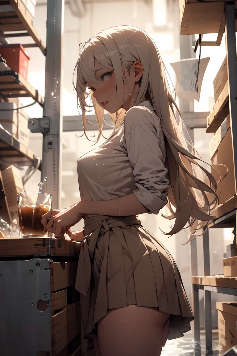 Ultra-high detail. Photorealism. Intimate atmosphere, flowing light. The atmosphere radiates tenderness, bliss and passion. My girlfriend and I are in some kind of dusty warehouse, my girlfriend in a short skirt sits on a table ((Skirt lifts up)), The girl wraps her legs around my waist. (I insert my dick into her horny wet pussy). Love juice is flowing from the pussy. We merge in the ecstasy of love. In a fit of passion, almost all our clothes were taken off. My girlfriend throws her head back in bliss and moans loudly. Her long hair hangs down. No one had ever fucked her like that.