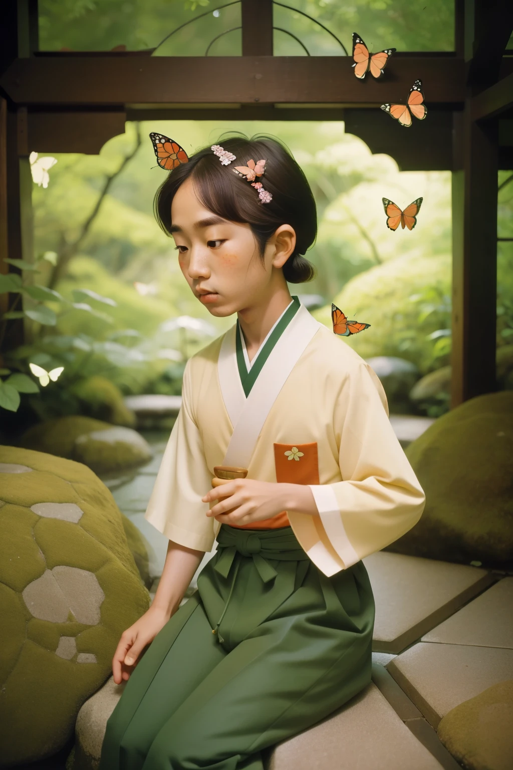 1970s Japanese Tea Garden Butterfly Whispering (Location: Kyoto):
Character: A tween boy with freckles, communicating with magical butterflies in a serene Kyoto tea garden during the 1970s. Illuminate the enchanted encounter with Wes Anderson's delicate and blossomy color tones.