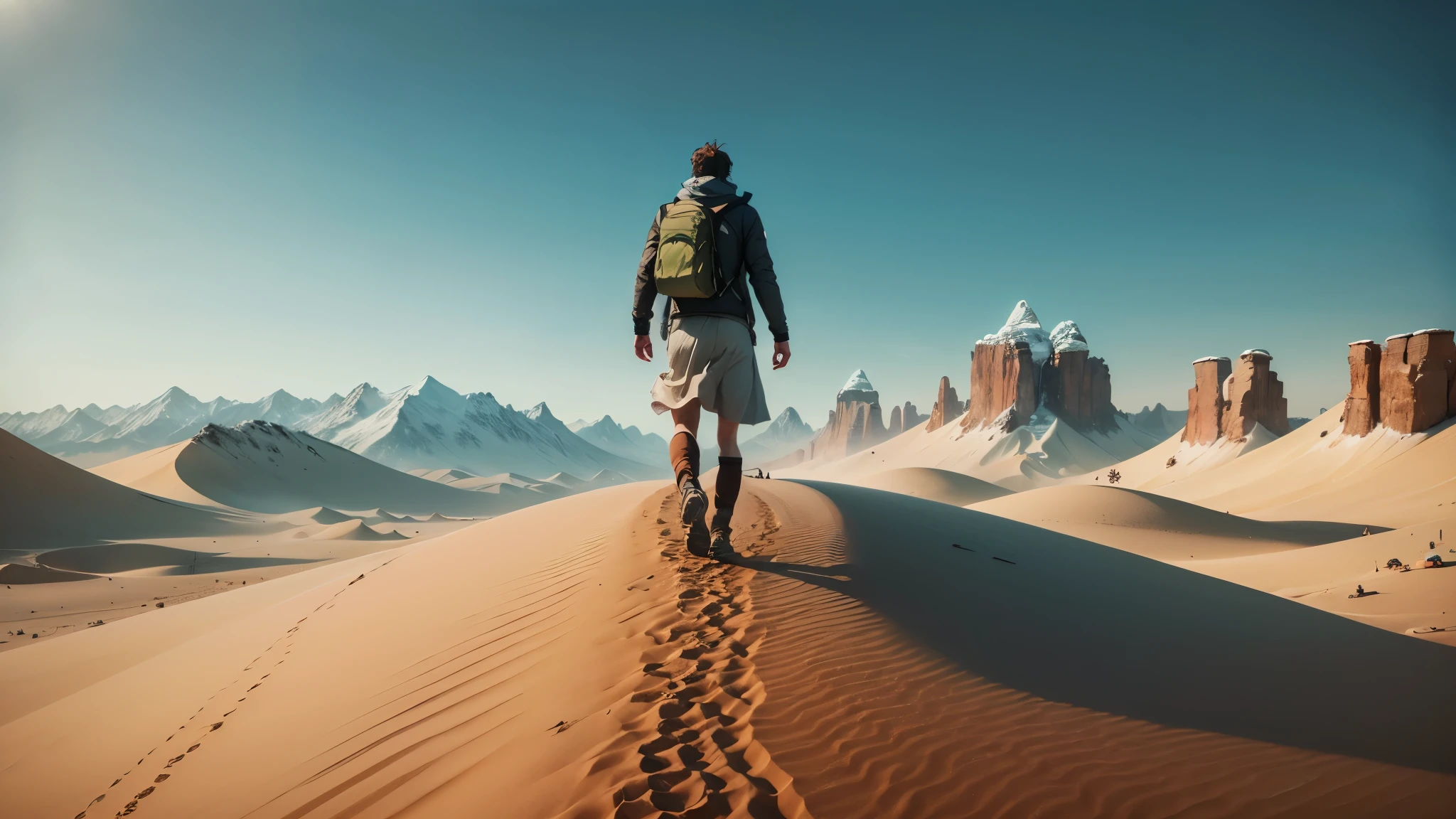 montage of a man traveling through diverse landscapes, deserts with blowing sand, bustling city streets, icy mountain tops, sense of search, dynamic angles, high-quality travel shots --auto --s2