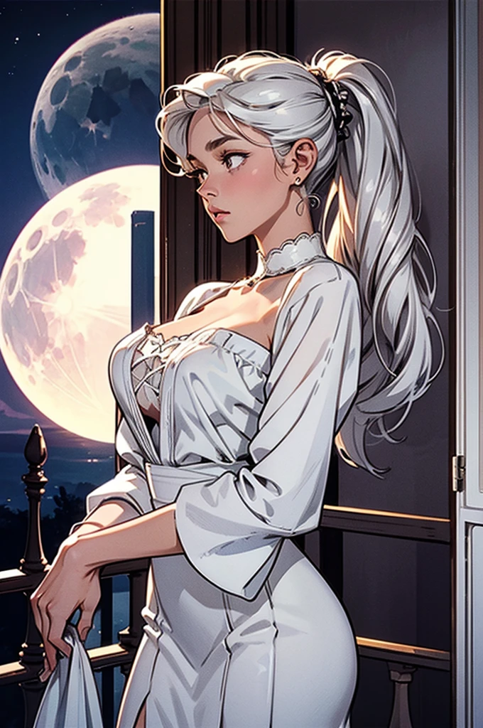 a 19 year old girl, realistic, brown skin, silvery white hair, silvery white eyes, full silvery white skirt, silvery white bandeau, looking out through open window, night, purplish moon light, face in amazement, German, leaning outside, side view, photorealistic, very beautiful, goddess like figure, dress showing curves, white patterns on chest