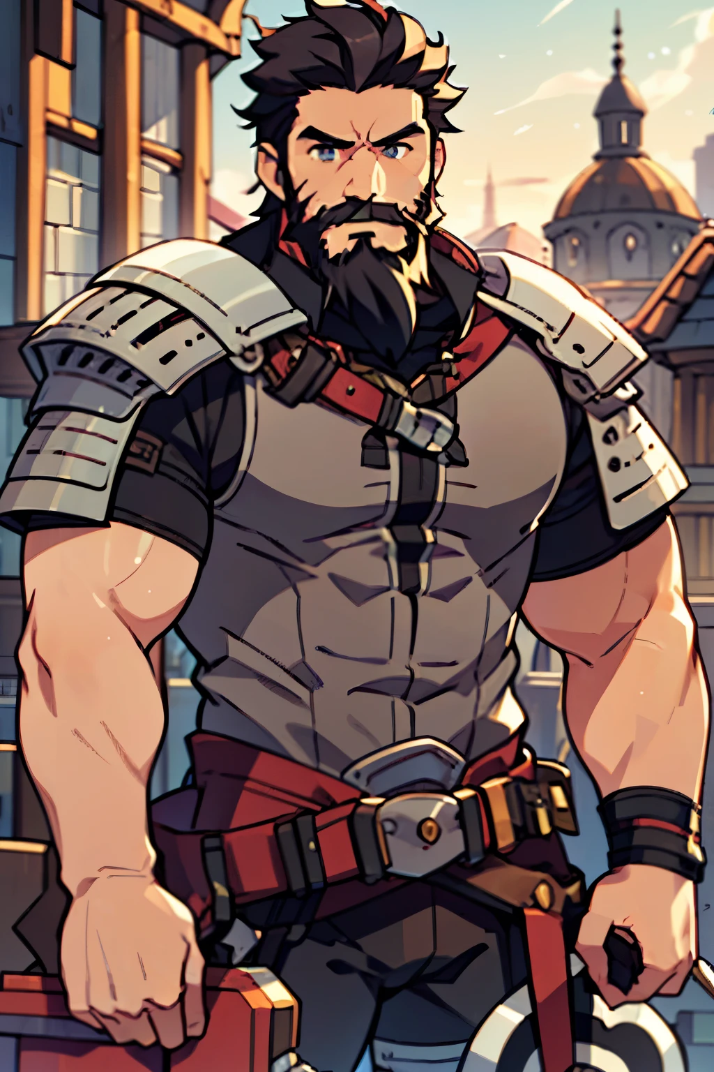 Large medieval kingdom in the background, old mature muscular male, black hair, very short hair, cropped military hairstyle, ((black beard))), ((thick beard)), (((full beard))), ((long beard)), green eyes, bright eyes, 48 years old, muscular male, tall, Piece, athlete, bare biceps, Abs, chest, medieval armor, light armor, red armor, Mystical armor, Golden details on the armor, black details on the armor, elsword style armor, ((arms exposed)), thick beard, Neutral face, cowboy shot, high resolution:1.2, best quality, master part, daylight, Reflection of lens, upper body shot