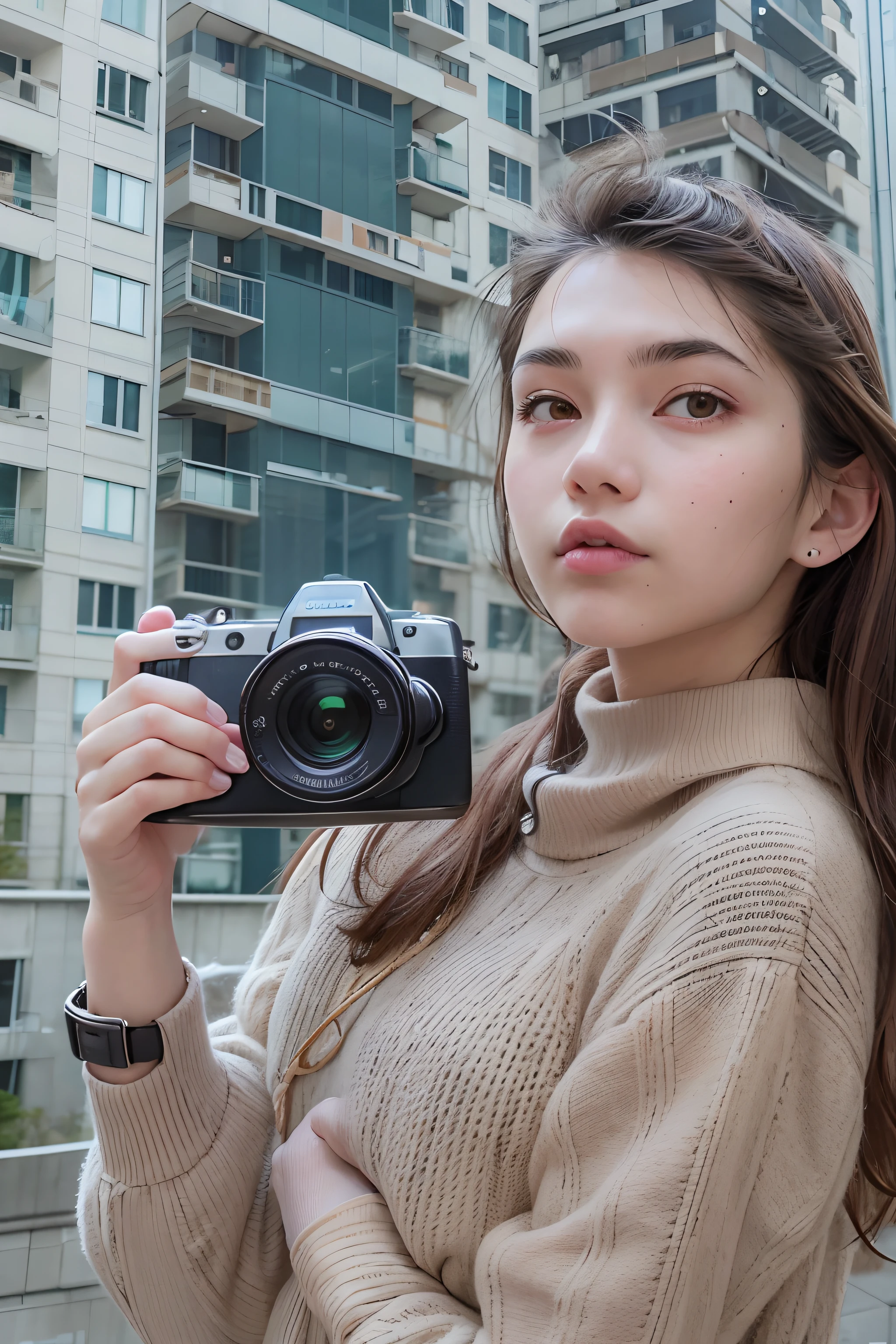 Menina de 20 anos, Hold the camera with both hands, Enfrente a lente, skyscrapers in the background.