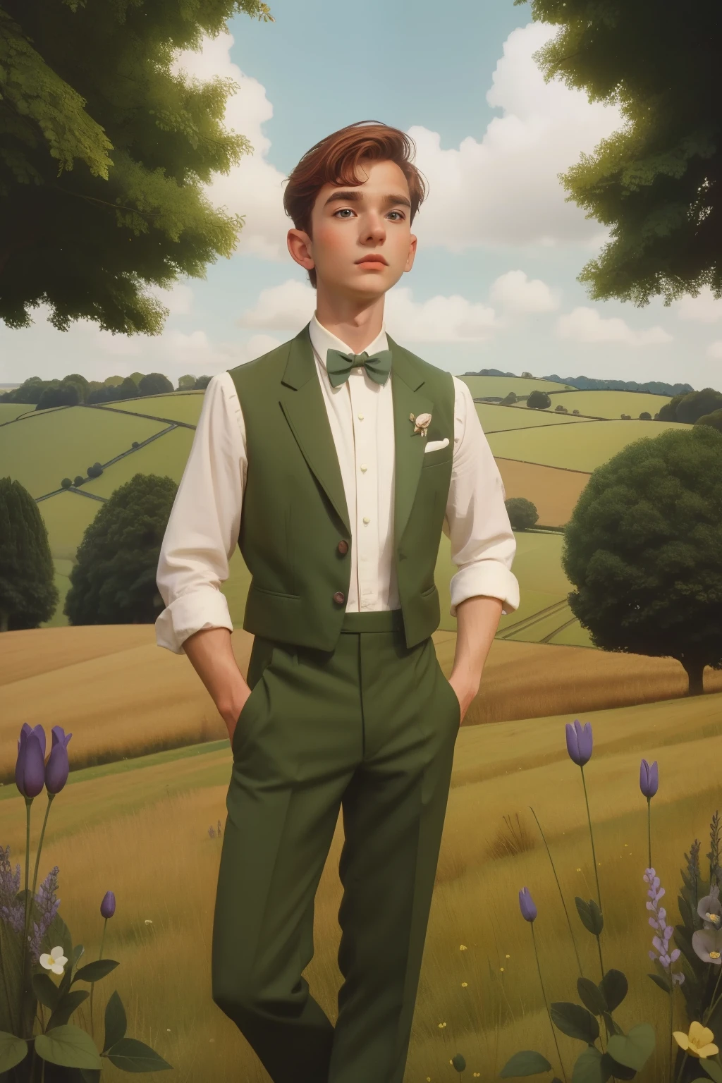 1990s English Countryside Pixie Encounter (Location: Cotswolds):
Character: A young man in his twenties with a bowtie, discovering mischievous pixies in the picturesque Cotswolds countryside during the 1990s. Illuminate the whimsical encounter with Wes Anderson's earthy and timeless color palette.