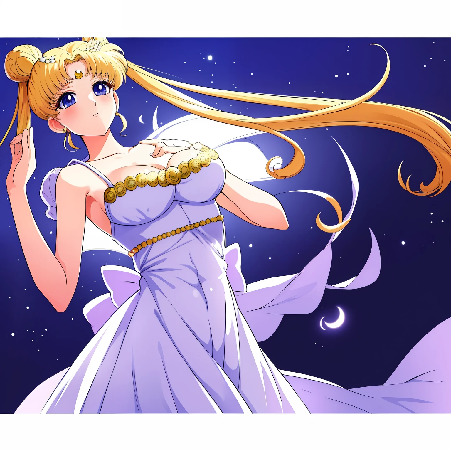 SMU Sagitsukino, bigchest 근육, standing, alone, masterpiece, best quality, detailed face, detailed eyes, high resolution, masterpiece, best quality, detailed face, detailed eyes, high resolution, Princess costume,tranquility,프린세스tranquility,네오퀸tranquility,chest 근육,big,거대한chest 근육,풍만한chest 근육.blond hair,Dumpling head,왕chest 근육,chest,forehead crescent moon,젖chest 근육,흘러넘치는chest 근육,voluptuousness,dress,crescent moon on forehead,90s animation,dress문자열 없음,tranquility,tranquilitydress,plethora,chest살,navel