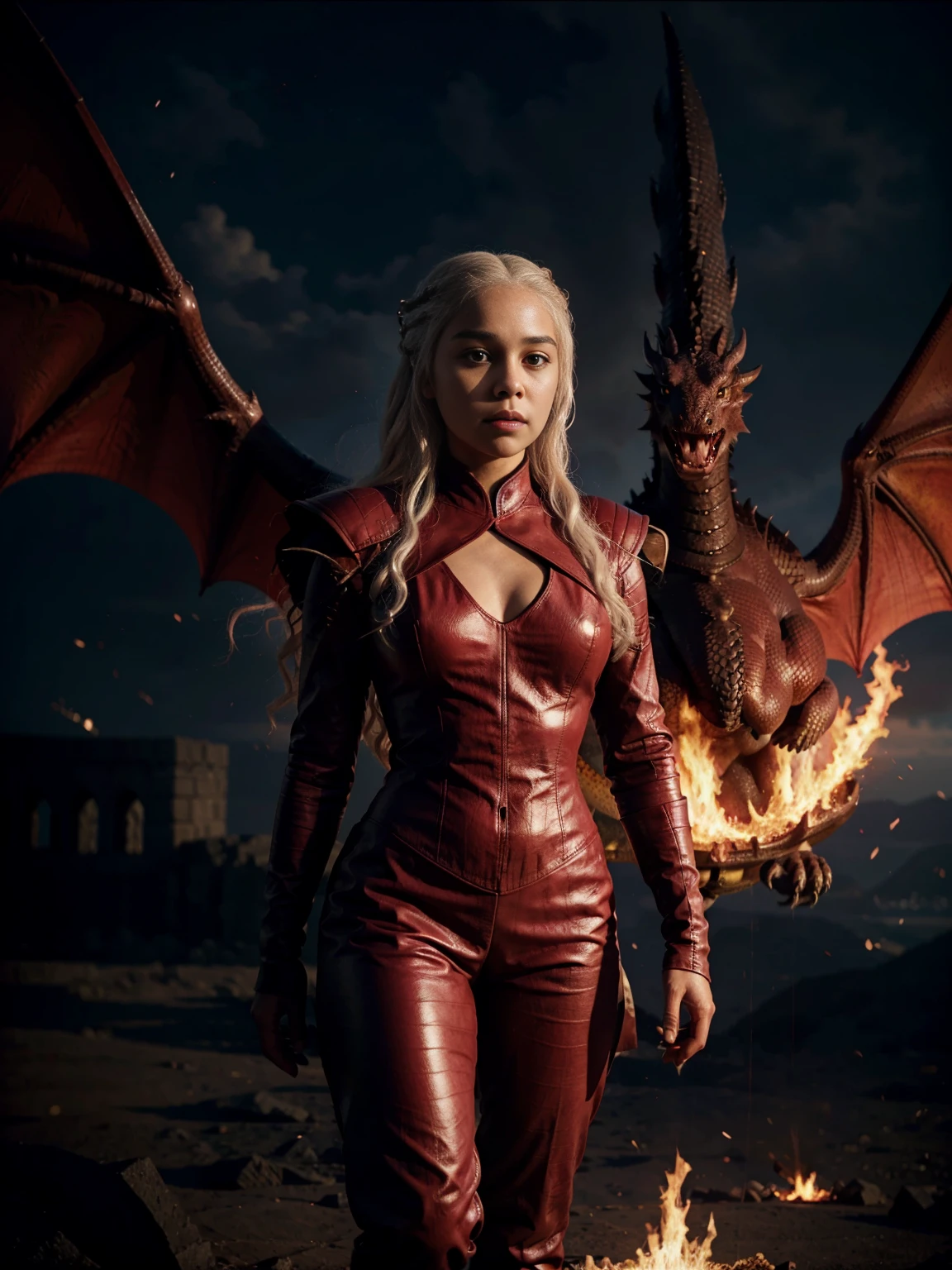 Daenerys Targaryen is a dark skinned black woman riding on a dragon flying in the sky wearing red leather suit, dragon fire in background, full body picture