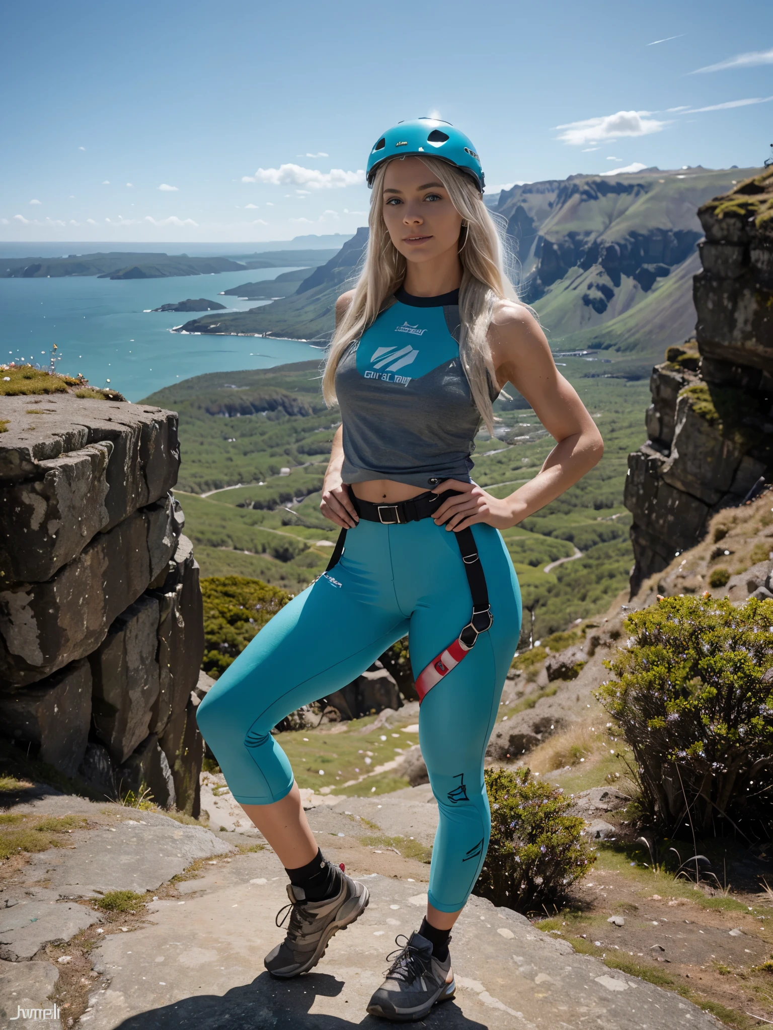 An adventurous 30-year-old woman of Icelandic origin boasts a shoulder-length mane of platinum blonde hair and a petite, athletic physique. Her hazel eyes sparkle with determination, reflecting her love for exploration.
Rock climbing is her passion, and she's dressed in a vibrant turquoise and gray climbing ensemble. The snug-fit outfit allows for ease of movement, while sturdy climbing shoes and a safety helmet complete her gear for conquering the heights.
A scenic mountainside provides the setting for her rock climbing adventure. Towering cliffs, adorned with moss and vibrant flora, surround her as she scales the rocky surface, with a clear blue sky above offering a breathtaking view of the challenging ascent.
